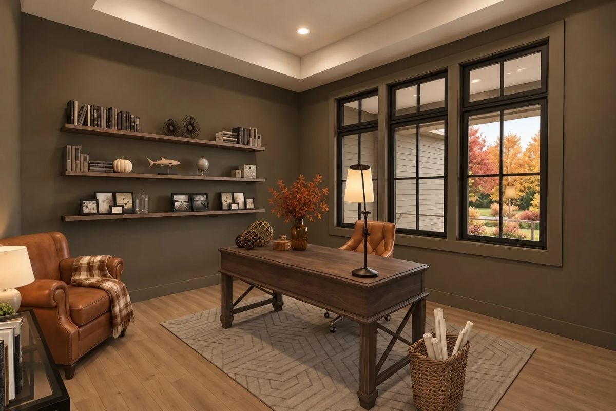 Olive Walls and Leather That Make a Home Office Feel Like Somewhere You'd Actually Stay