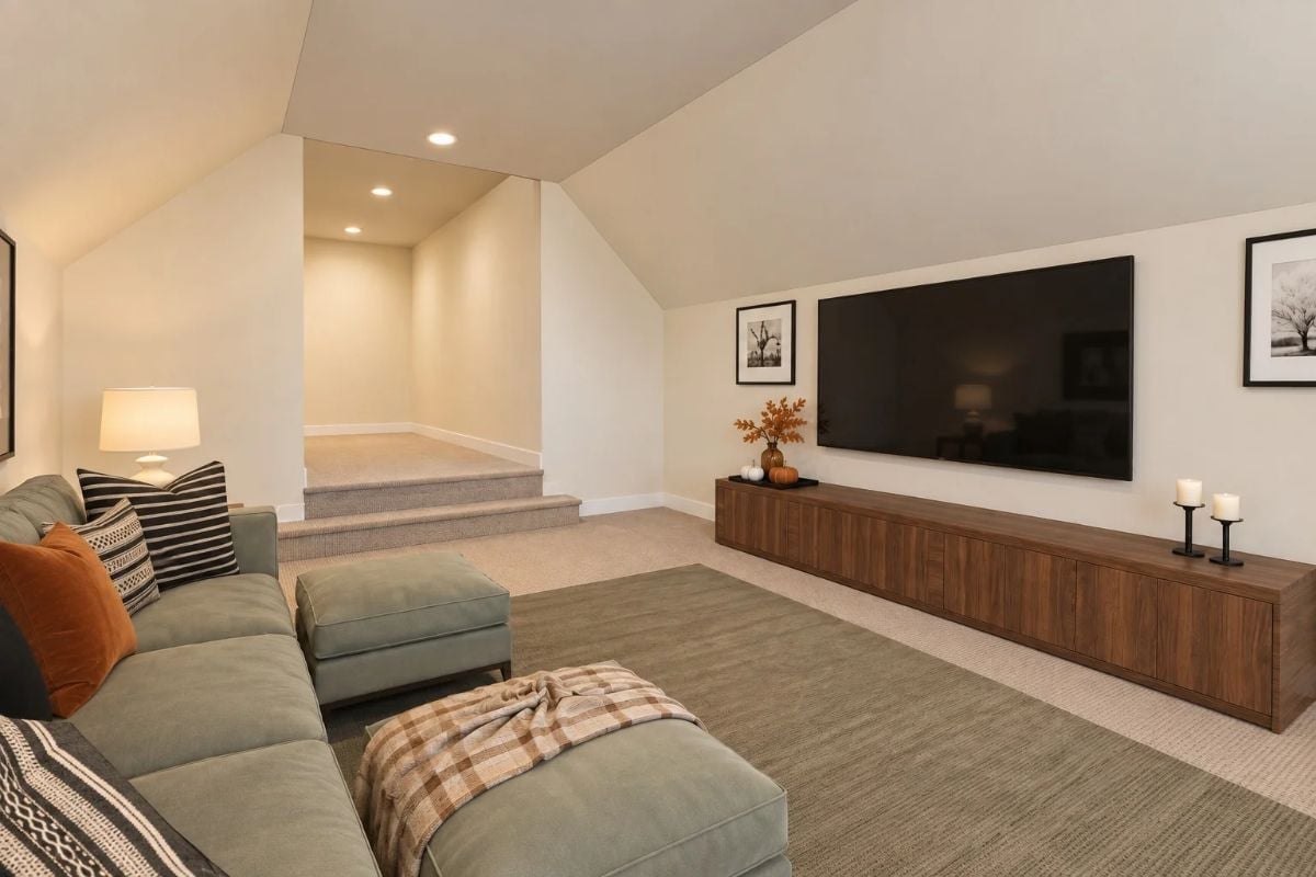 Vaulted Bonus Room with a Media Wall That Knows Its Job