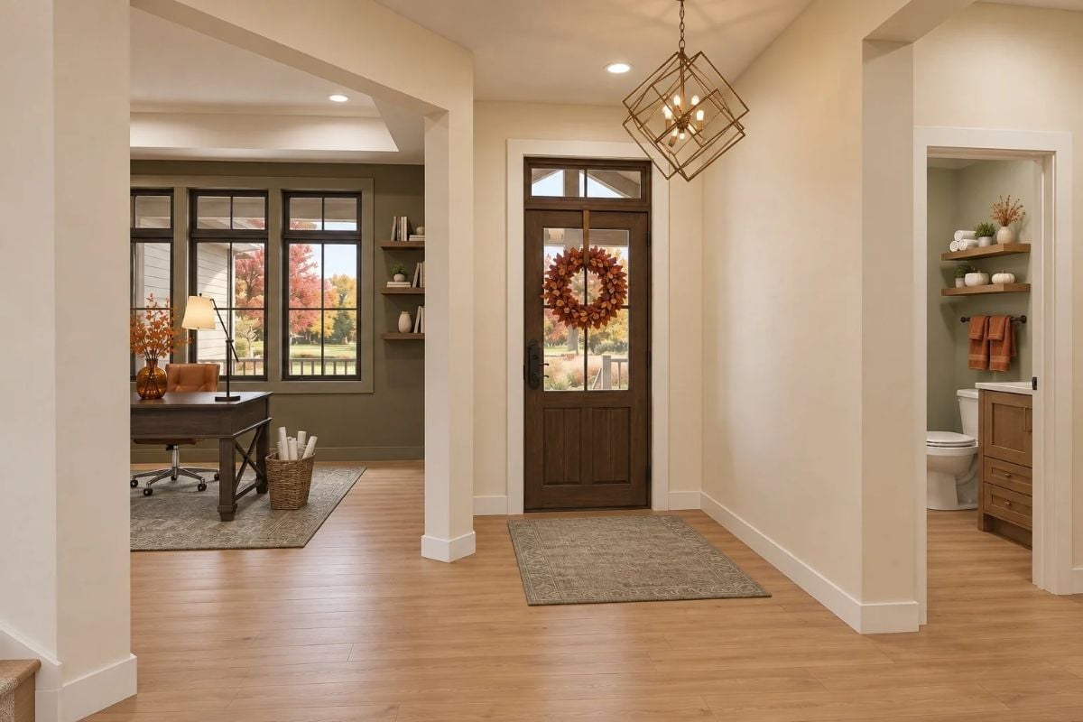 Warm Wood Tones and a Fall Wreath That Sets the Whole Entry's Mood