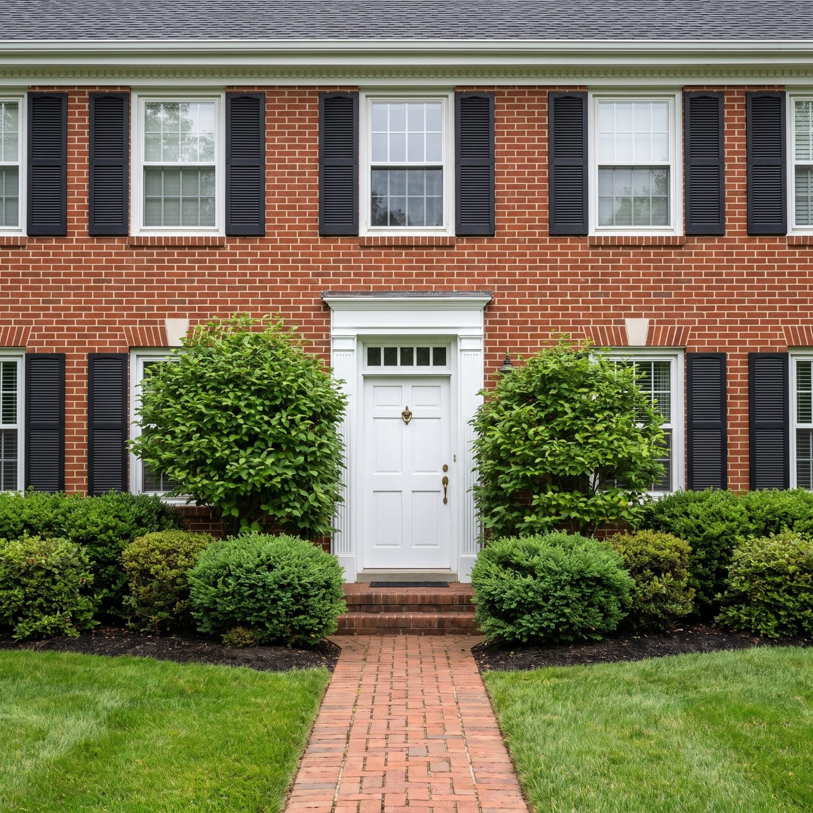 Brick colonial with foundation shrubs grown halfway up the lower windowpanes, partly blocking the glass.