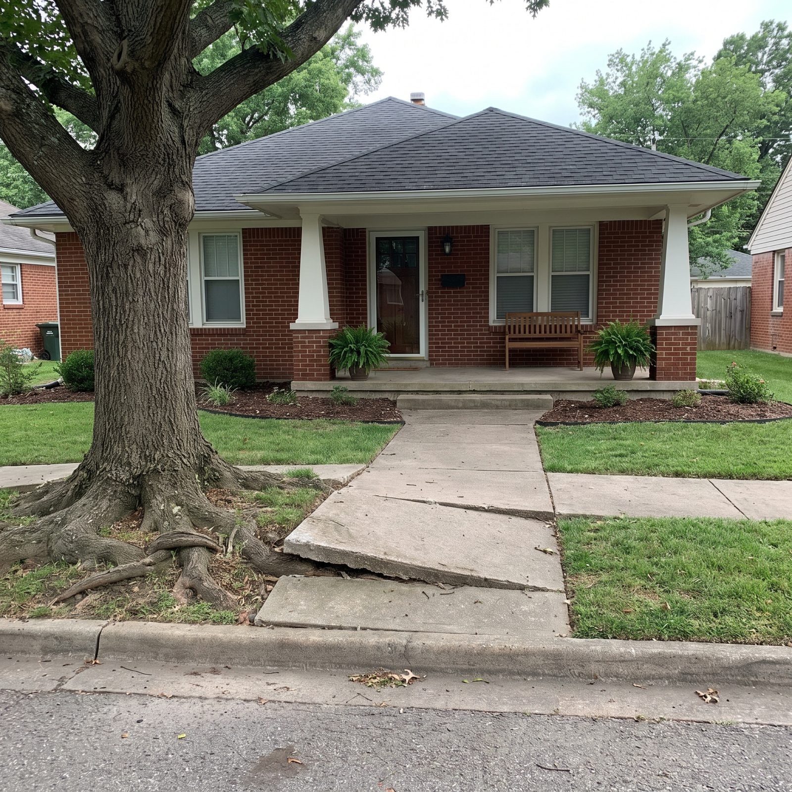 Brick bungalow with a concrete front walk buckled and lifted into a raised lip where an oak root pushed underneath.