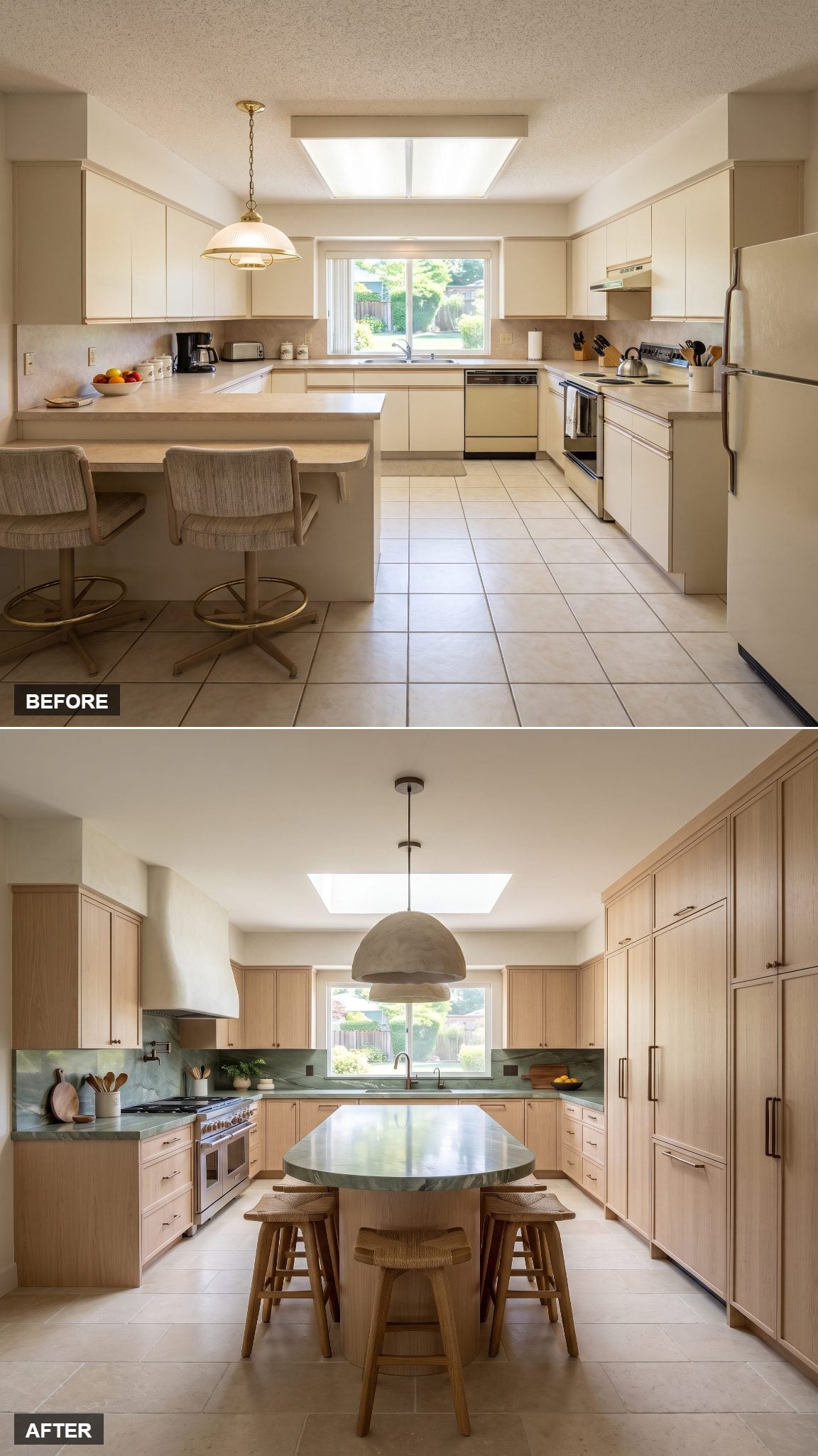 Pale oak kitchen with a green quartzite island