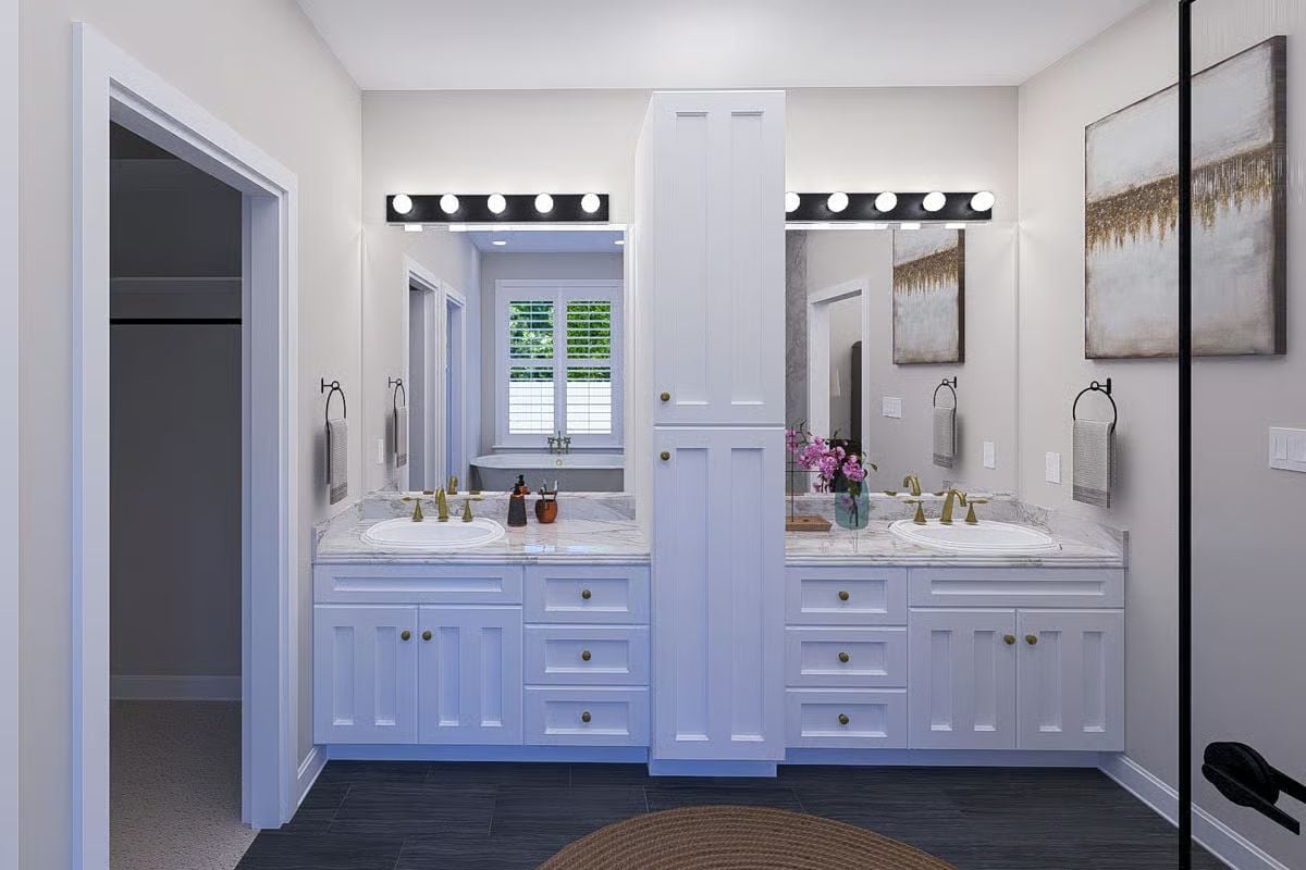 Brass Faucets and Marble Countertops on a Double Vanity Built for Two People Who Don't Share Well