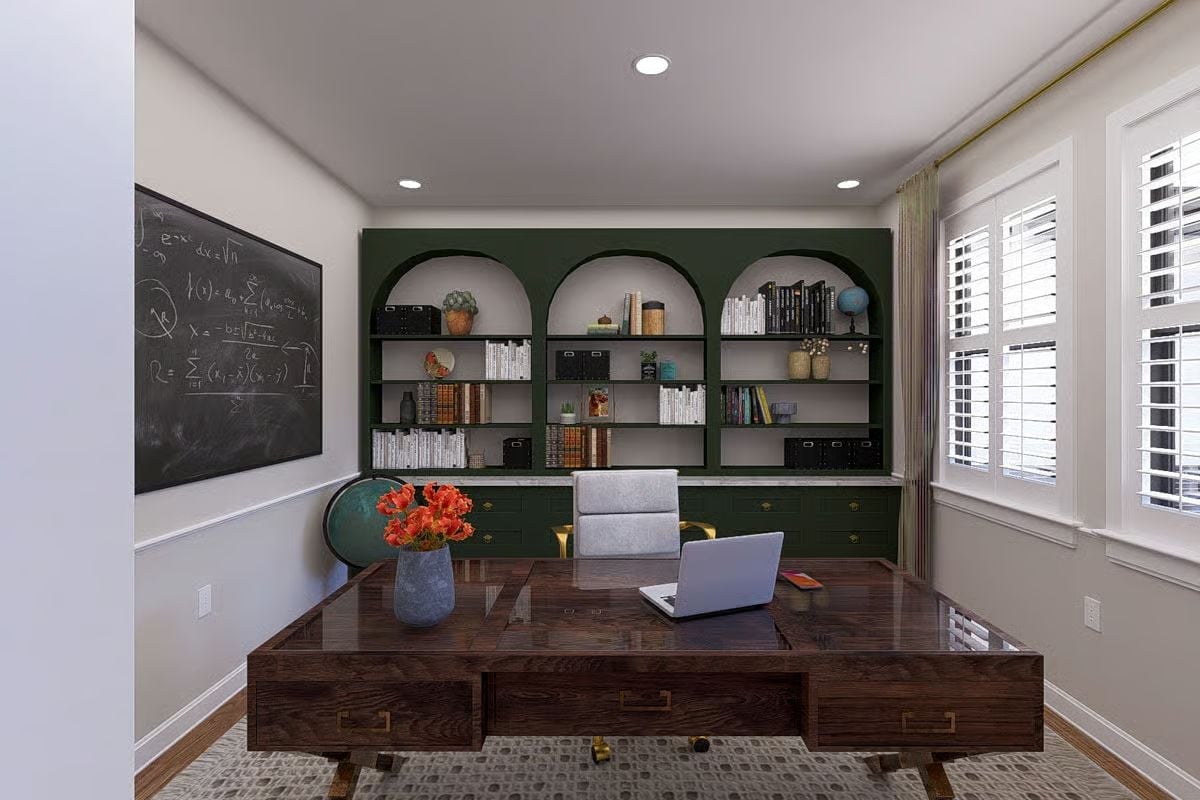 Dark Green Built-Ins With Arched Niches Make the Home Office Feel Like It Was Always There