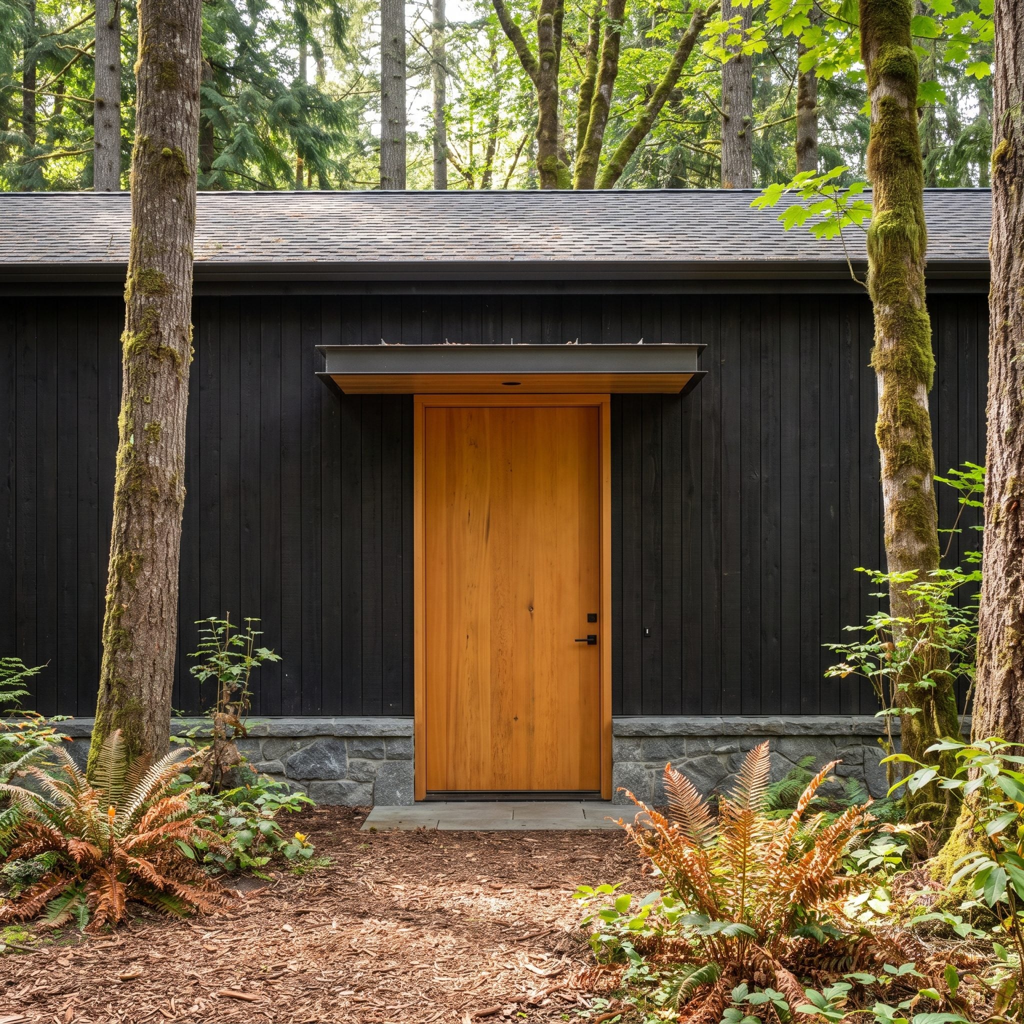 Natural amber-cedar front door contrasting with black-stained timber on a woodland house