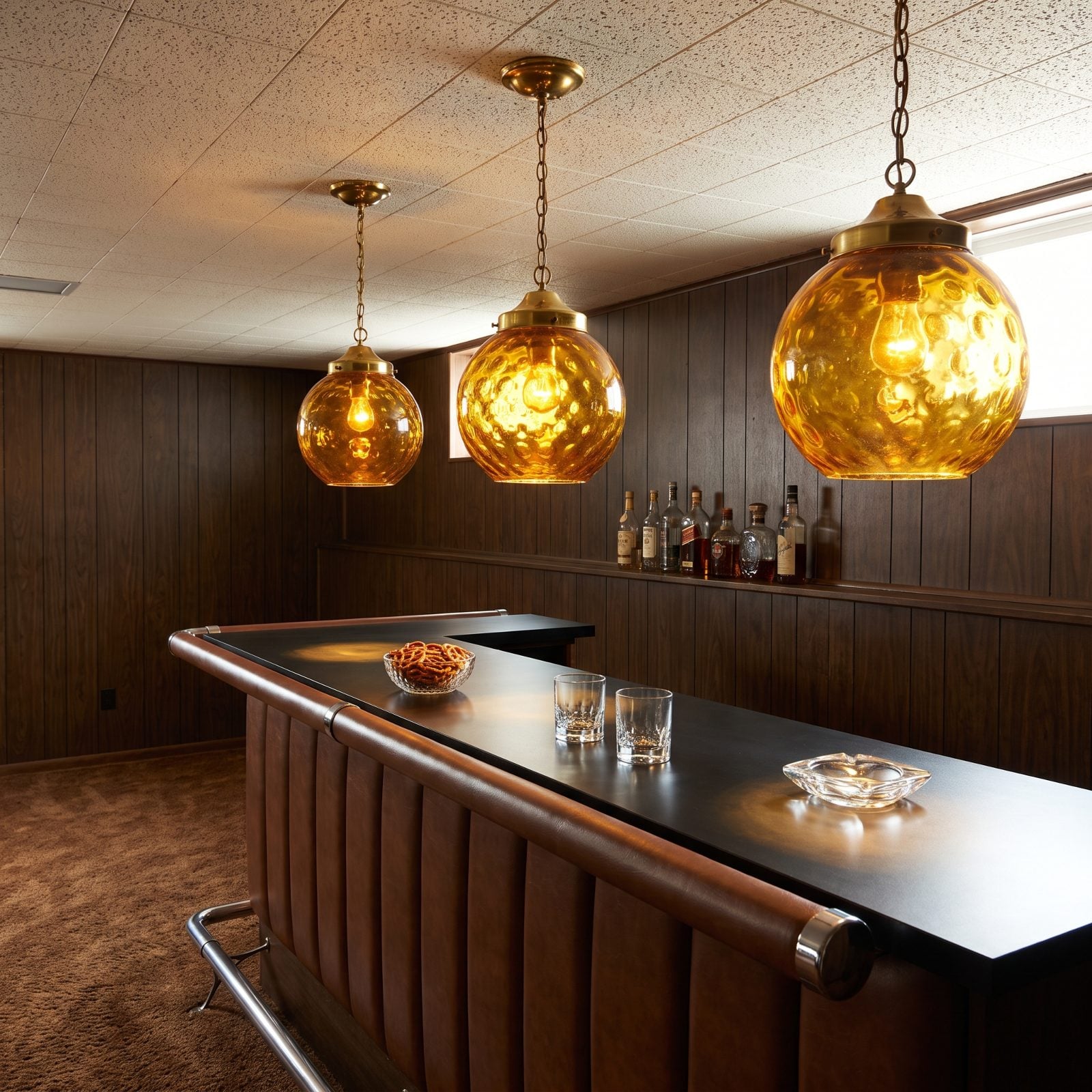 Amber Glass Pendant Lights Hanging Over the Bar