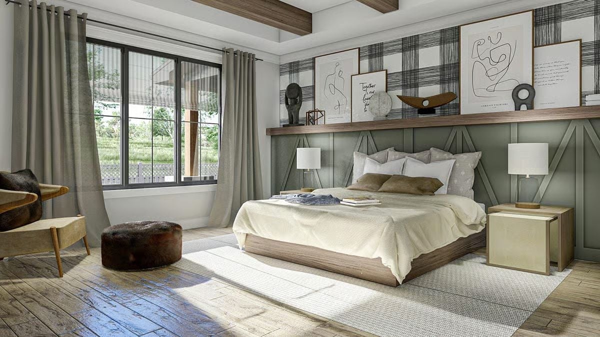 Sage Board-and-Batten Behind the Bed Does More Work Than Any Headboard Could