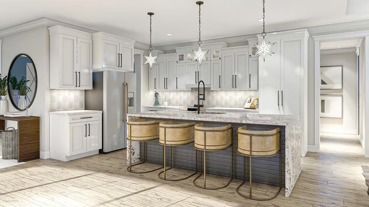 Star Pendant Lights and Gold Barstools Make This Kitchen Hard to Forget