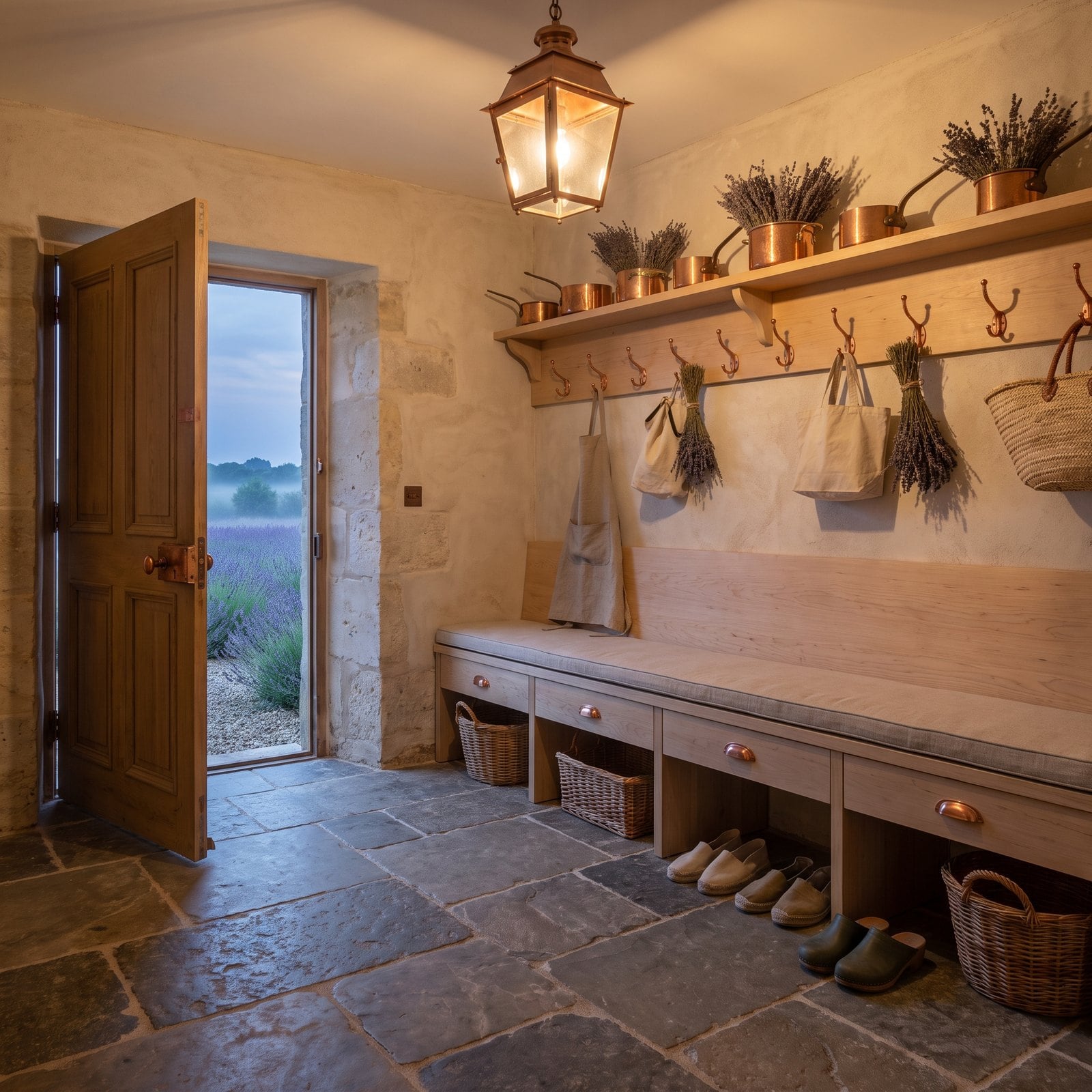 An Antique Birch Bench and Copper Pots of Lavender in a French Country Back Hall