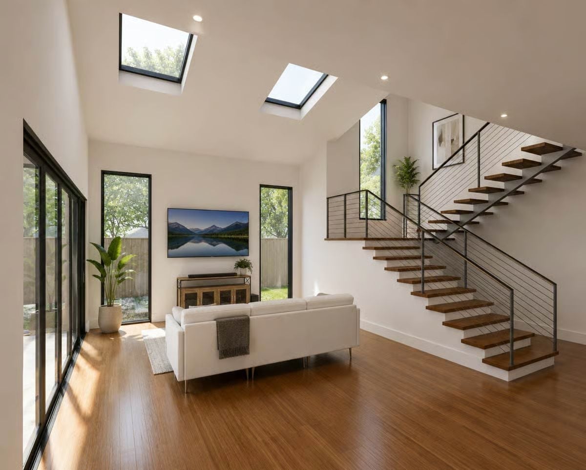 Floating Walnut Treads and Two Skylights Make the Living Room Feel Borrowed from Somewhere Better