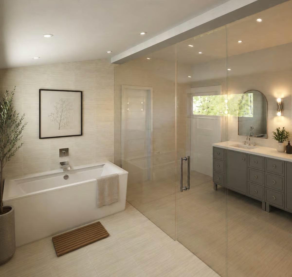 Frameless Glass, a Teak Bath Mat, and Zero Clutter Competing for Attention
