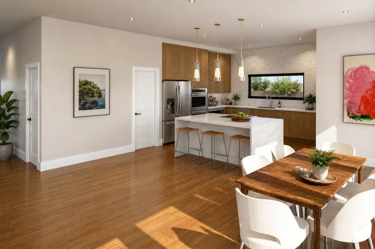 Marble Island, Warm Wood Cabinets, and a Window That Frames the Garden Like Art