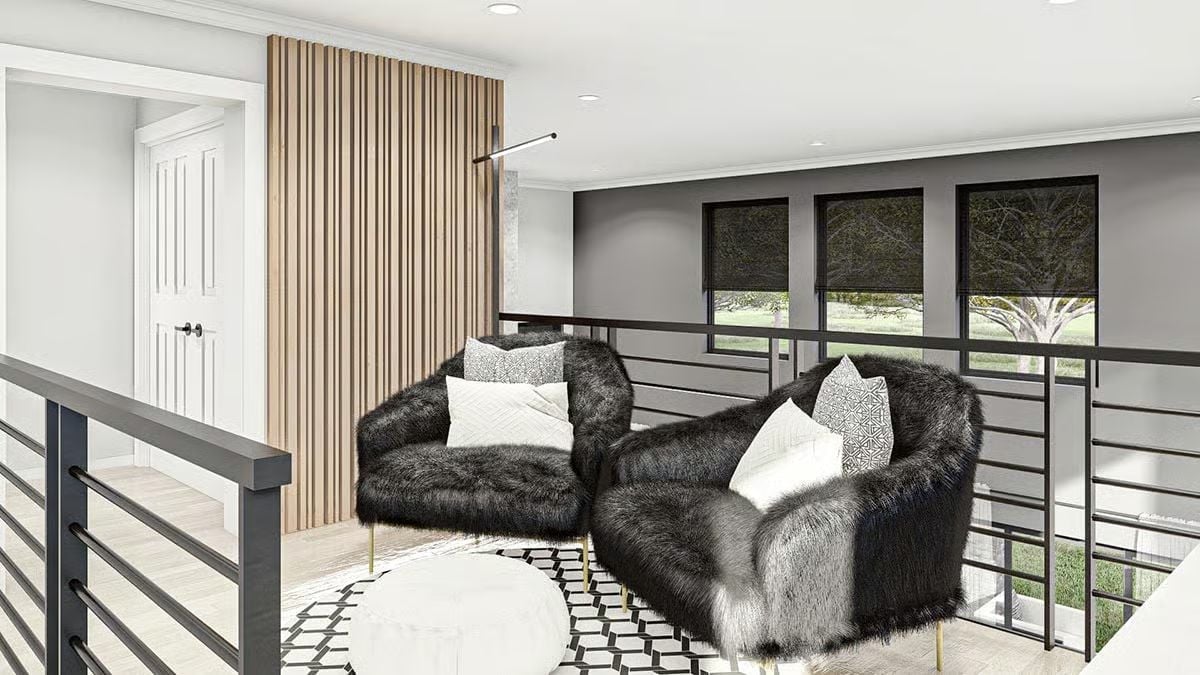 Faux Fur Chairs on a Loft Landing That Actually Invites You to Sit
