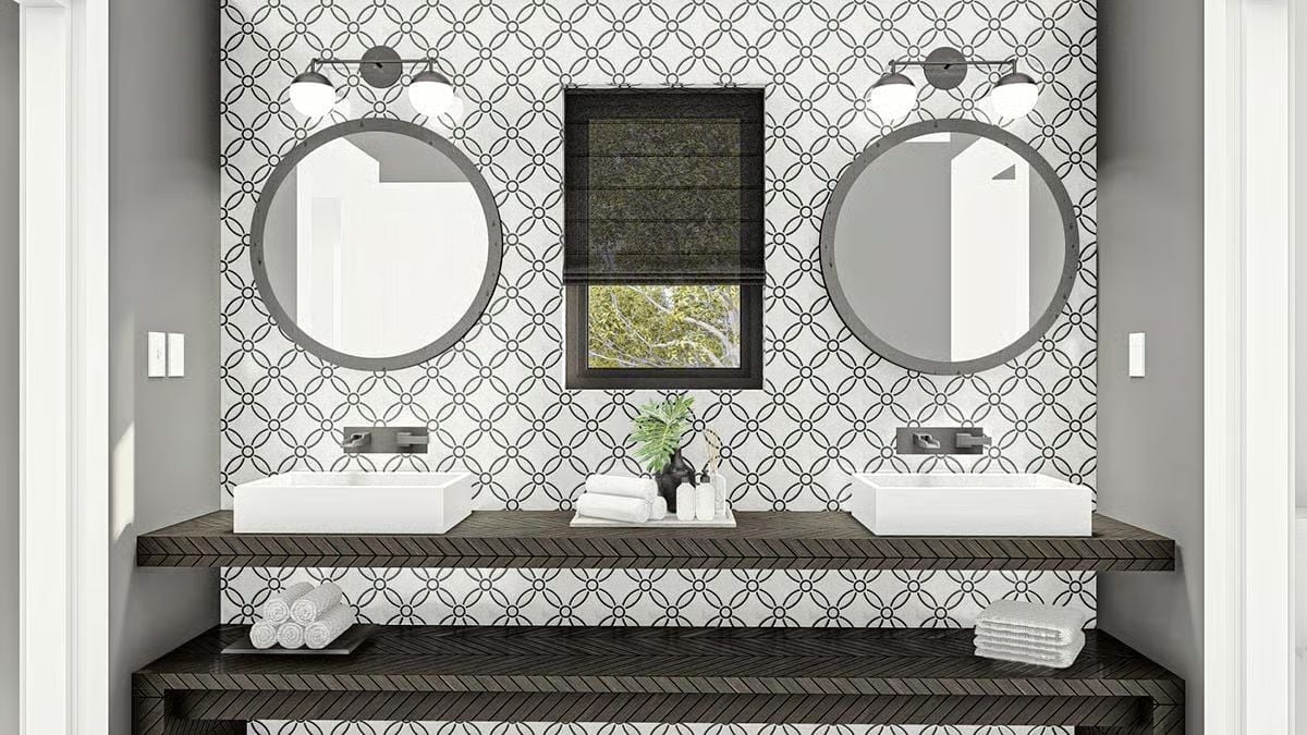 Round Mirrors, Vessel Sinks, and a Tile Pattern That Does the Heavy Lifting