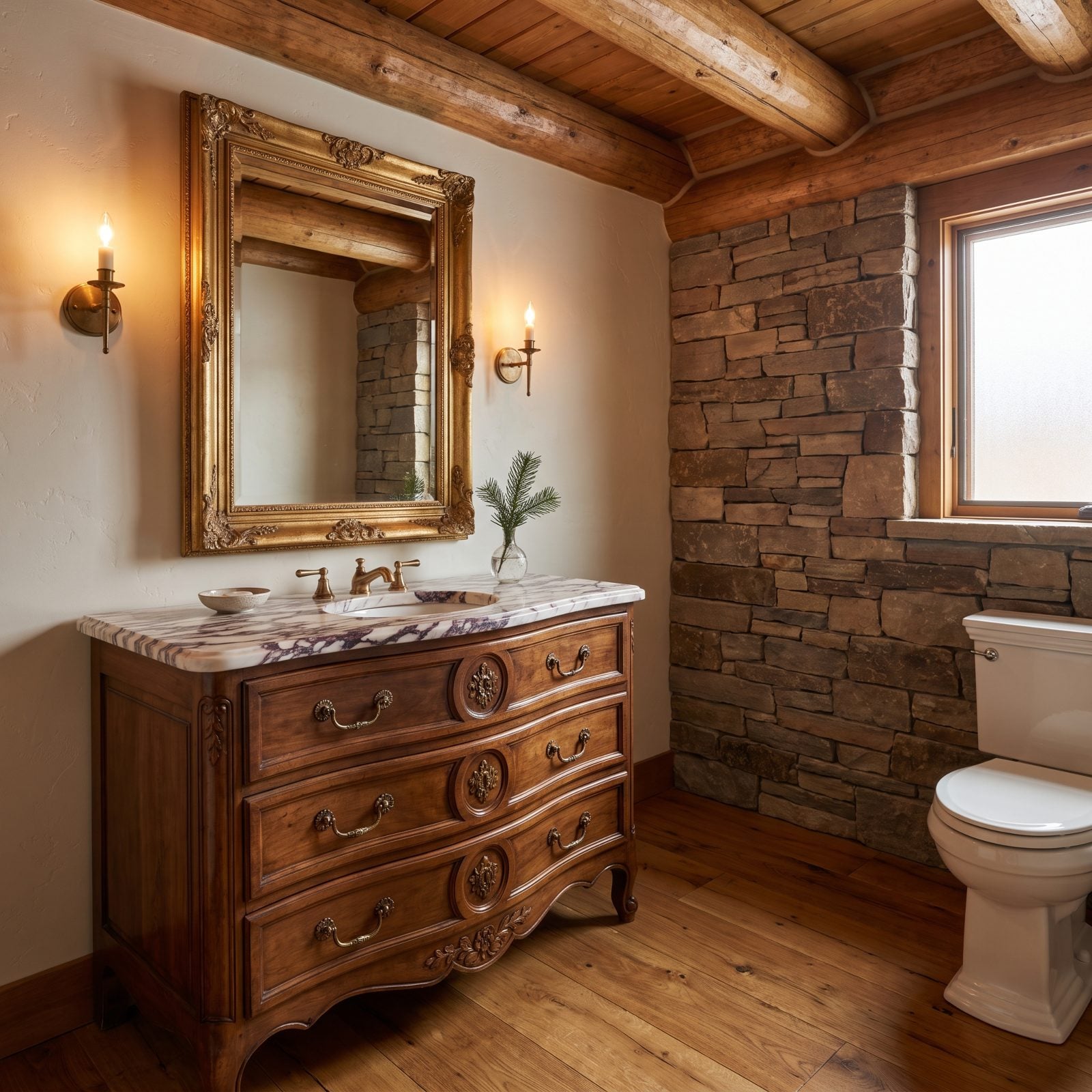 An Antique Walnut Commode Reworked Into a Marble-Topped Vanity