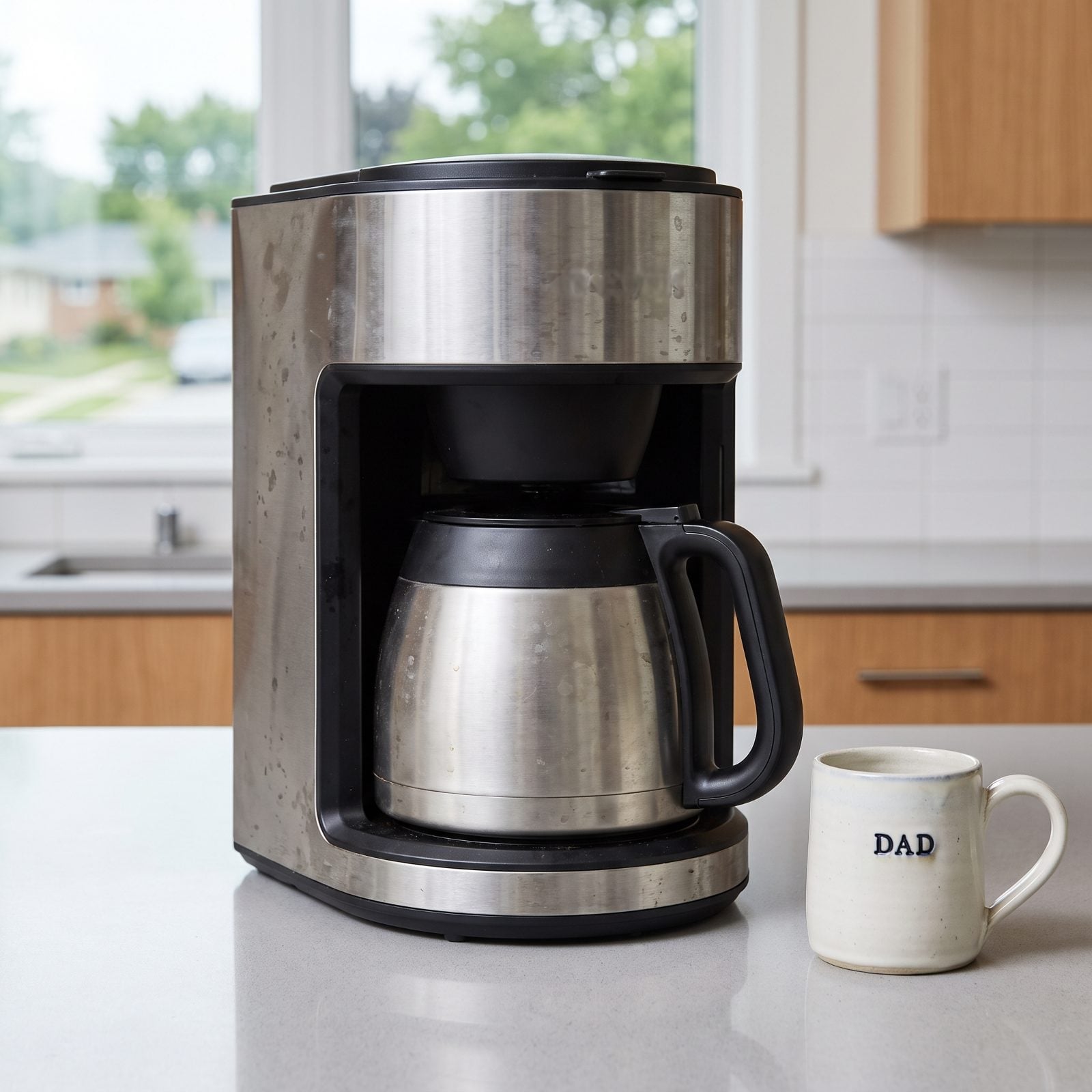 Kitchen counter with a drip coffee maker, a bean canister, one mug on a coaster, and a box of filters in the corner.