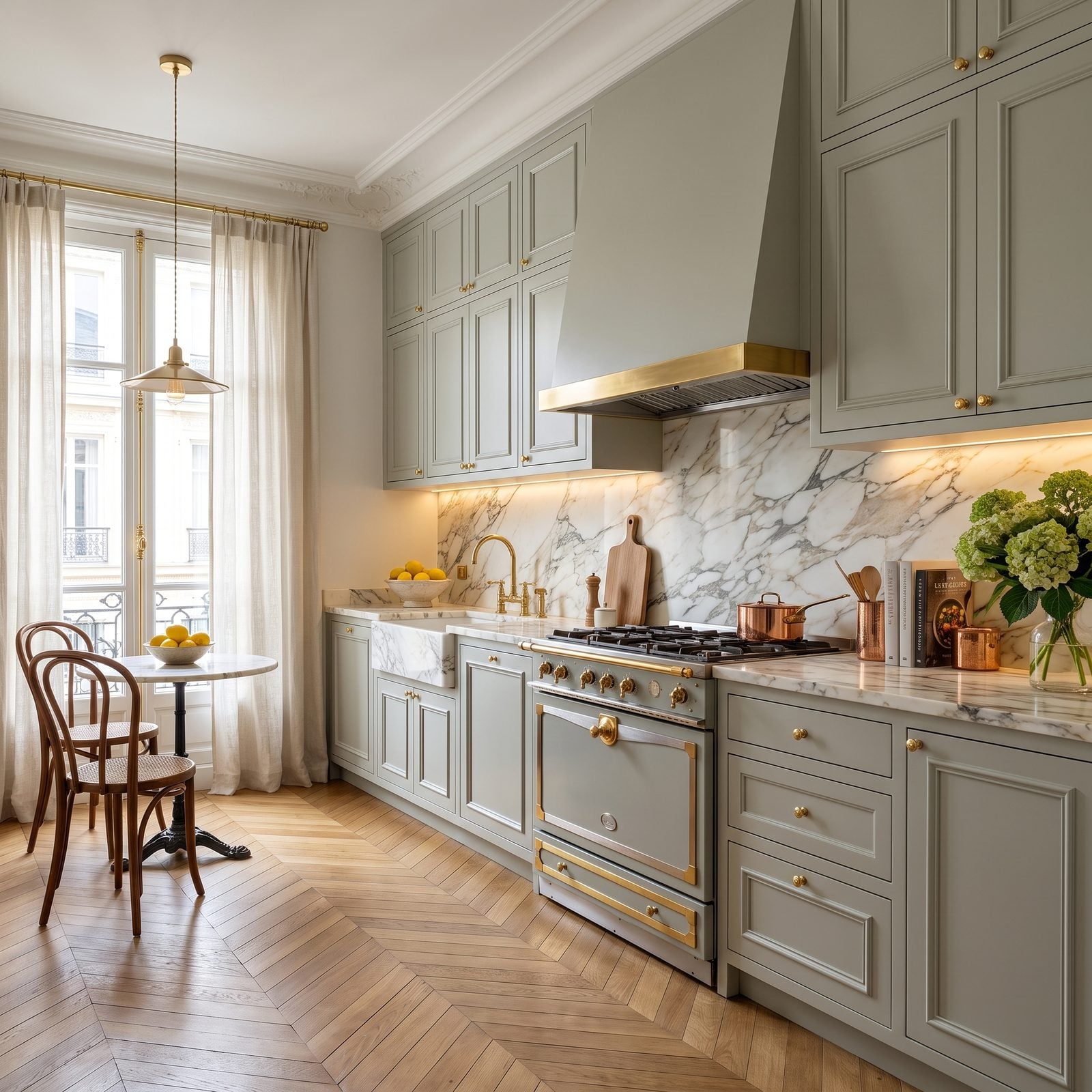 Kitchen with applied-molding panel cabinet doors: Applied-moulding doors in soft sage-grey with Arabescato marble and herringbone parquet.