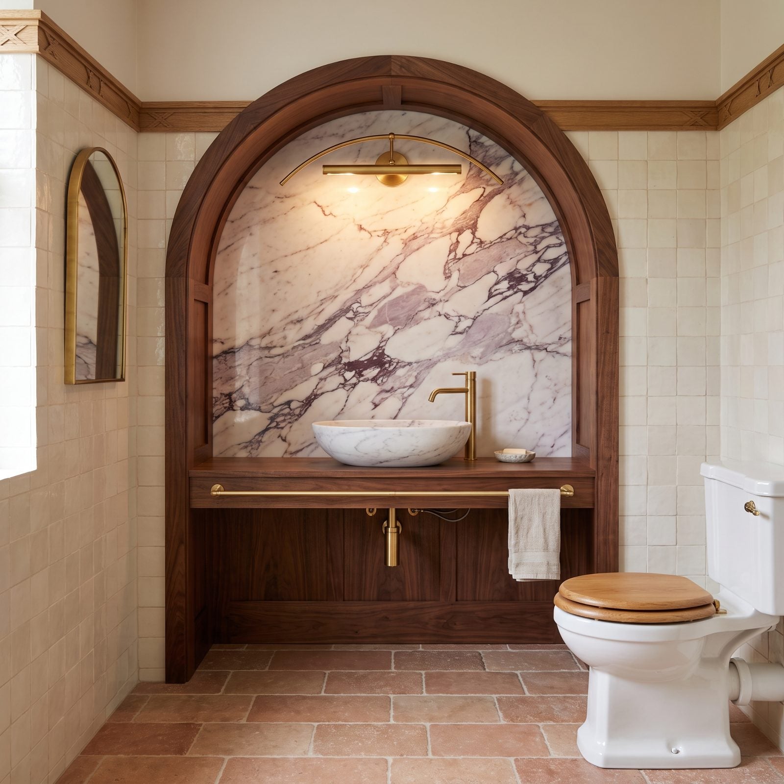 An Arched Alcove in Walnut, Marble Set Inside the Curve