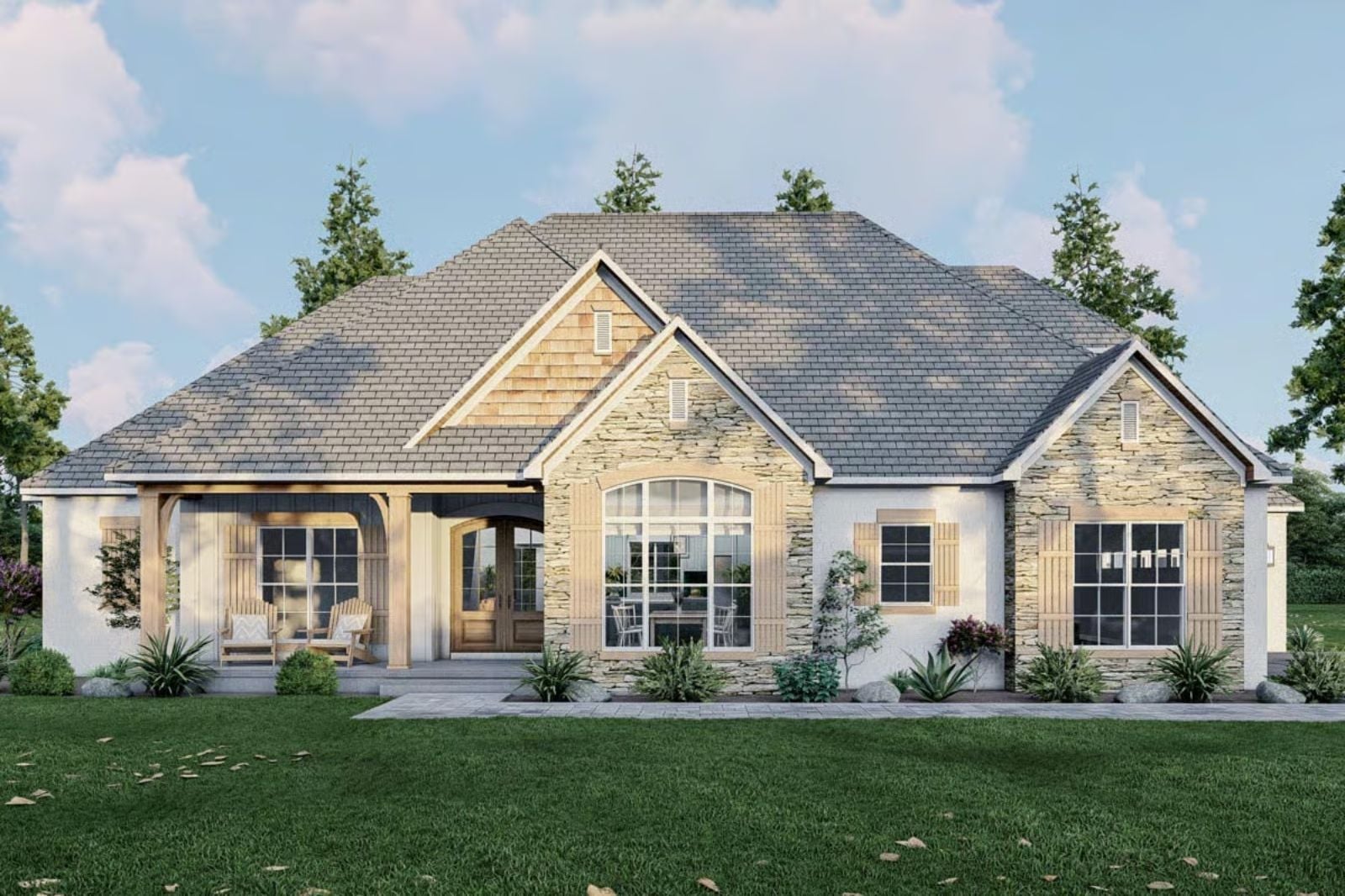 Arched Pane Bungalow 3-Bedroom Rustic with Screened Porch Designed for Homeowners with a Soft Spot for Front Porches and Slow Mornings (Floor Plan)