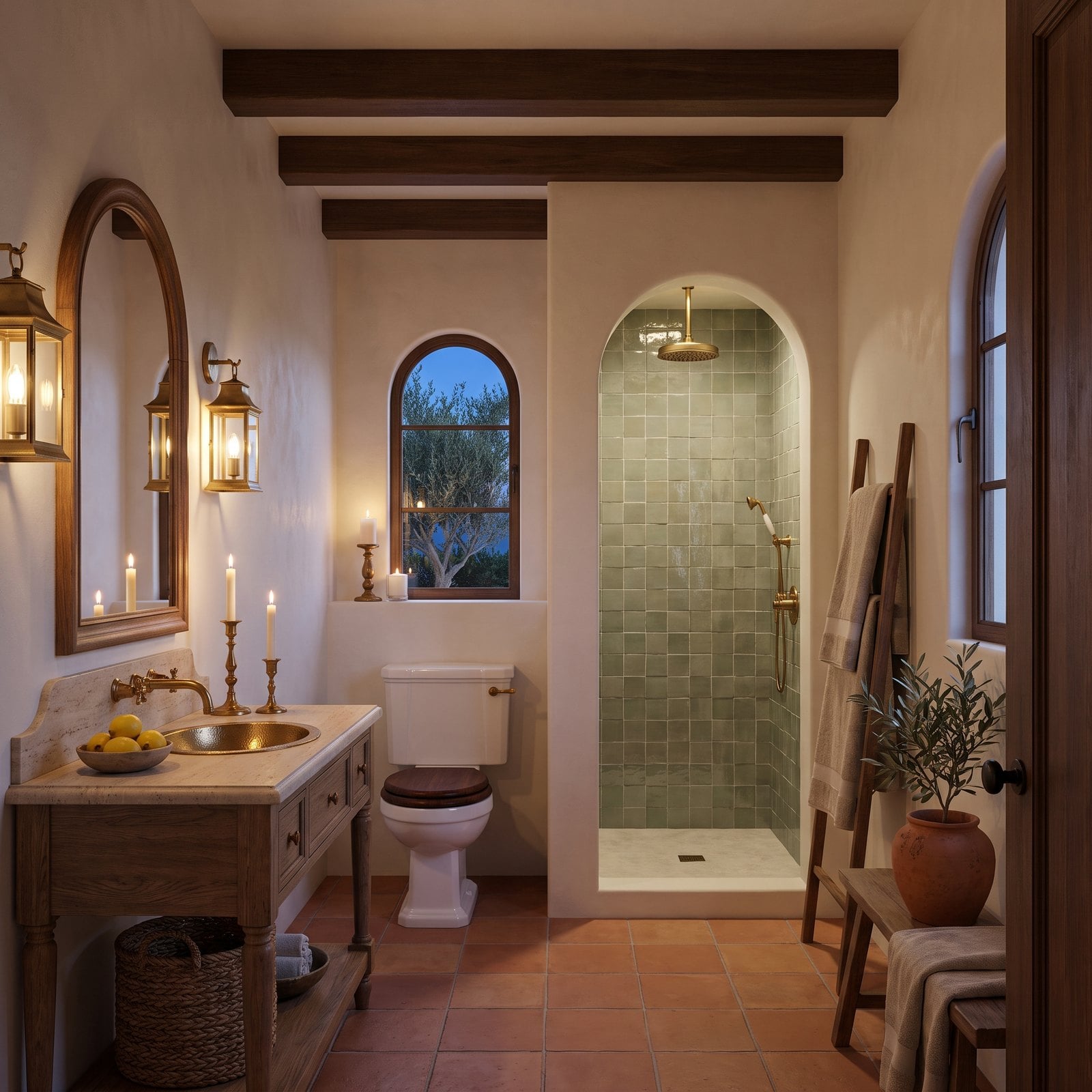 Arched Plaster and Terracotta Around a Sage Zellige Shower