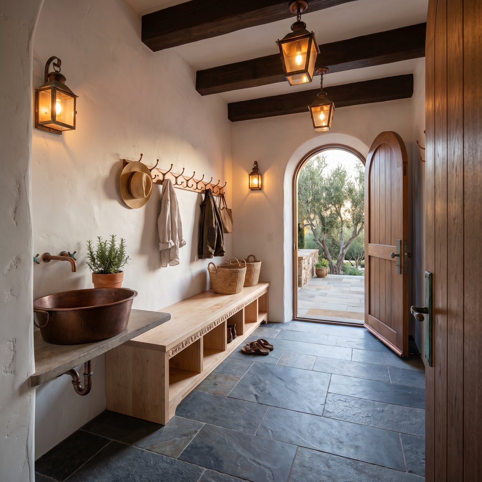 Arched Plaster, Slate Floors and a Hammered Copper Basin