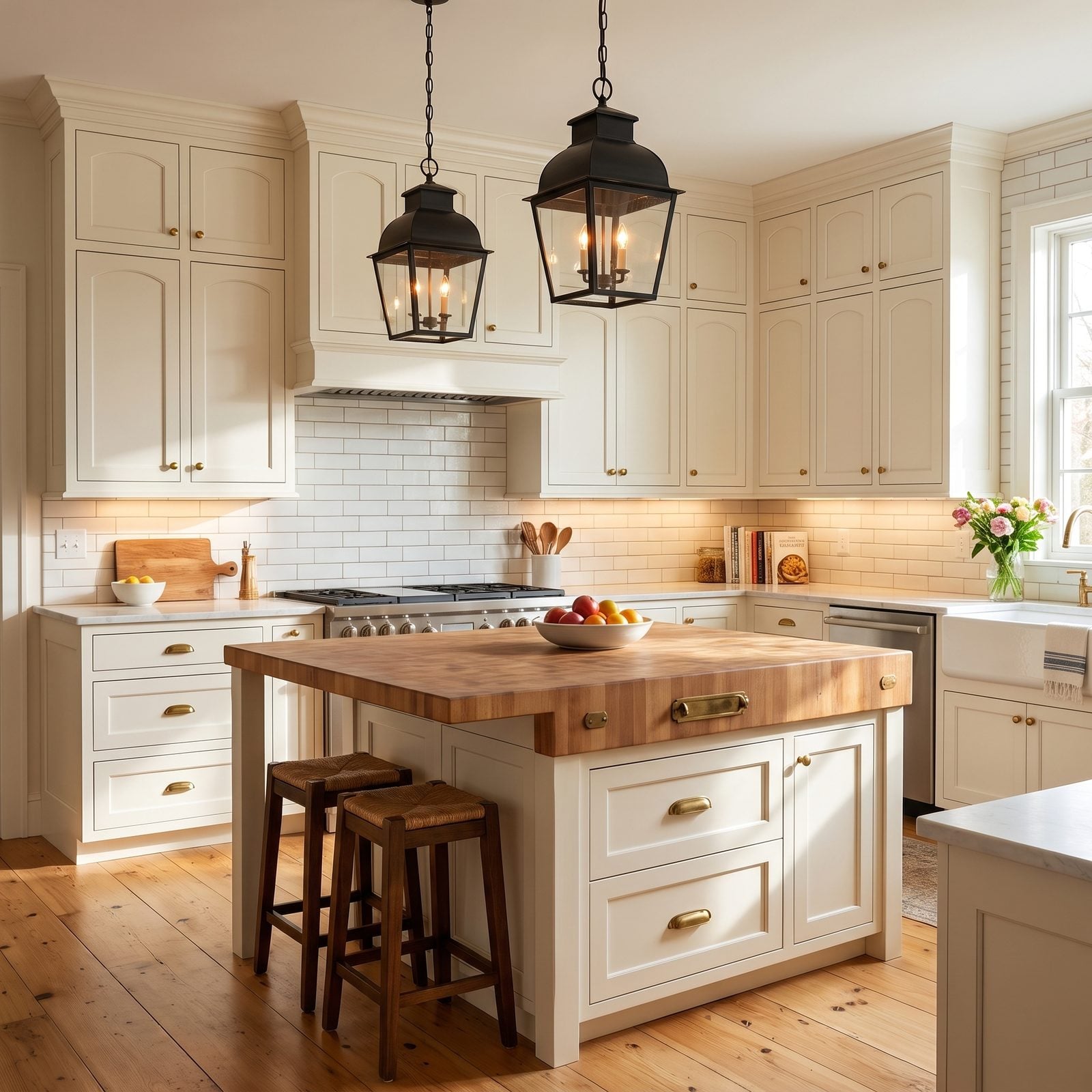 Kitchen with arched recessed panel cabinet doors: Arched recessed-panel doors in creamy white around a butcher-block island.