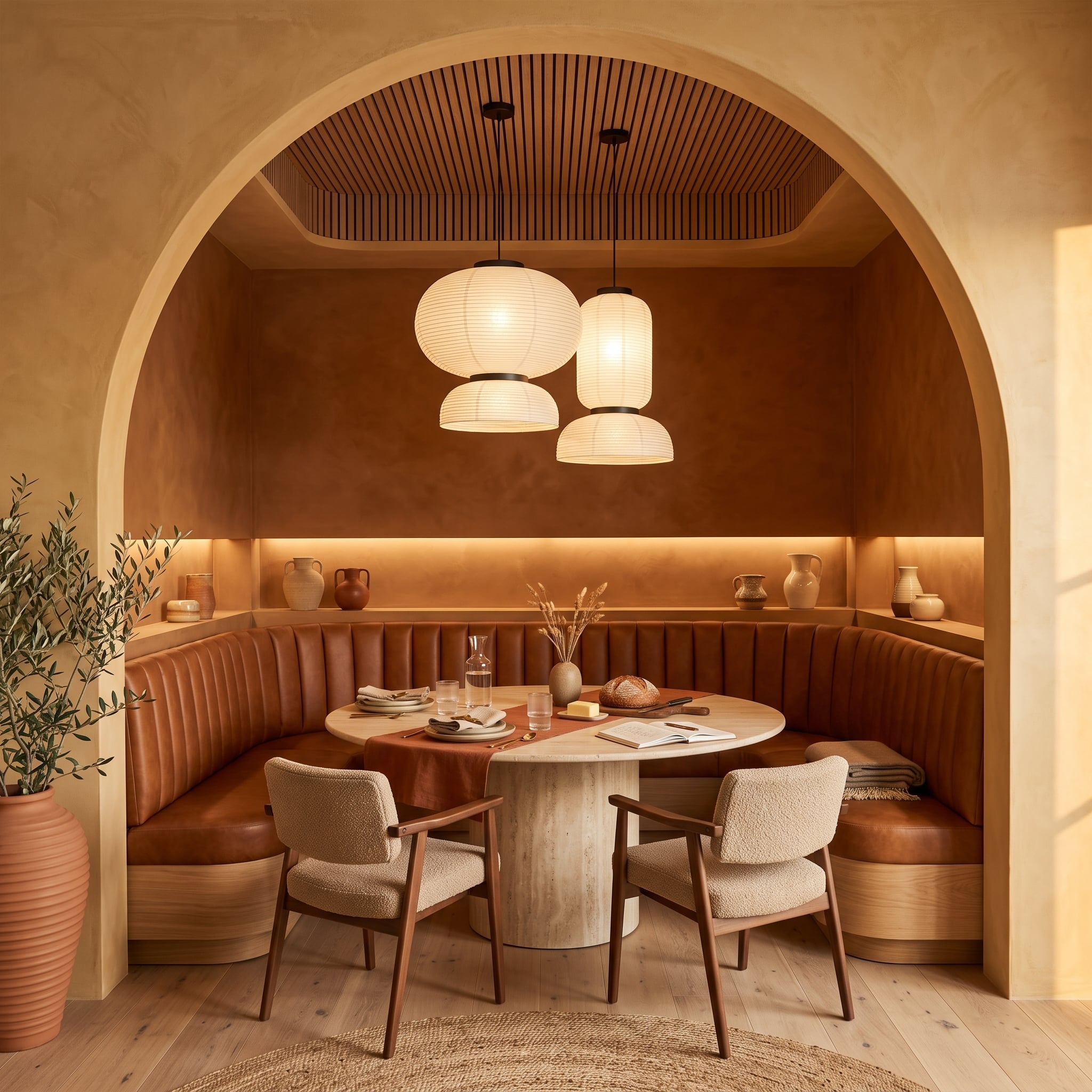 Arched Alcove, Channel-Tufted Leather, and Paper Lanterns That Actually Earned Their Place