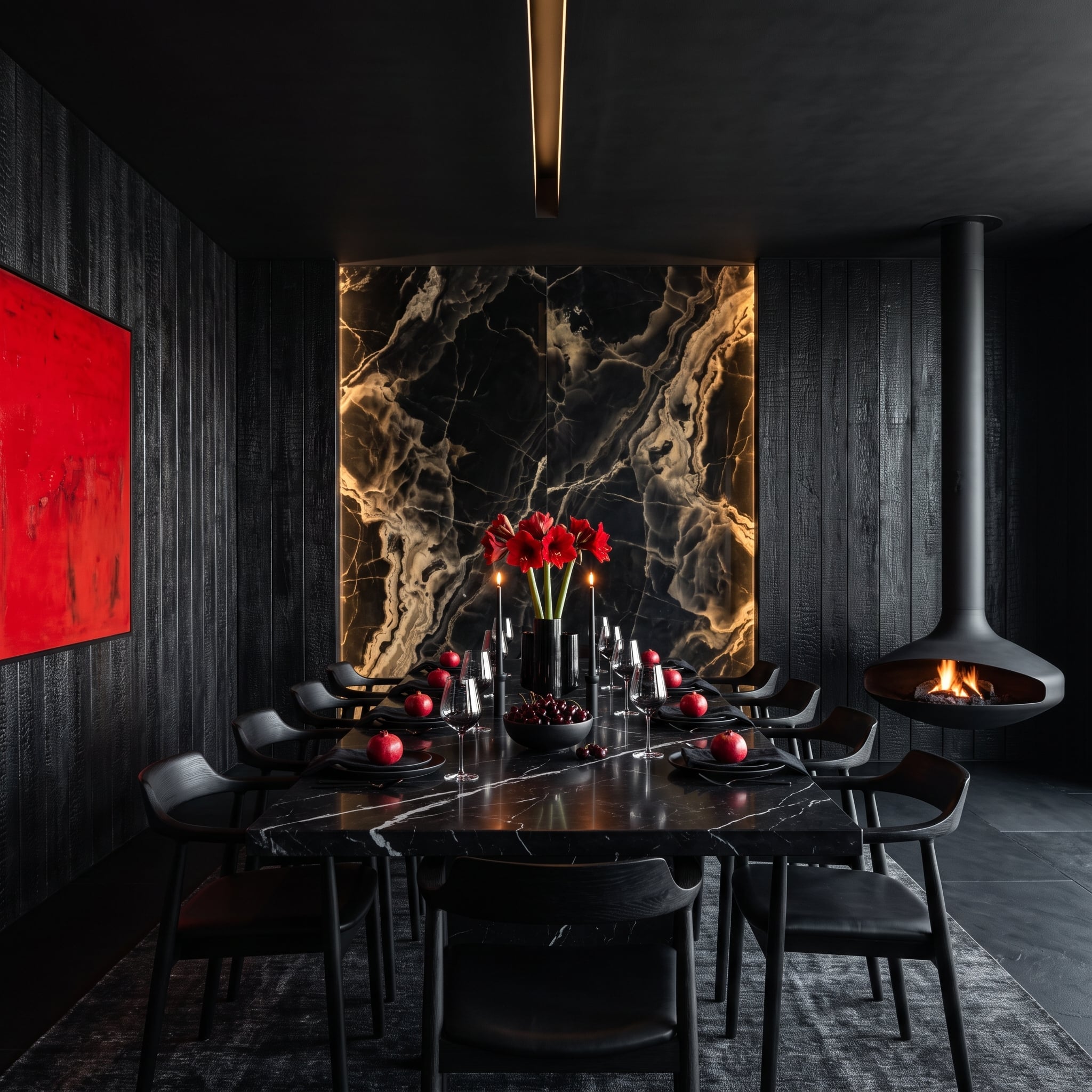 Black Marble, Open Fire, and a Dining Room That Earns the Drama