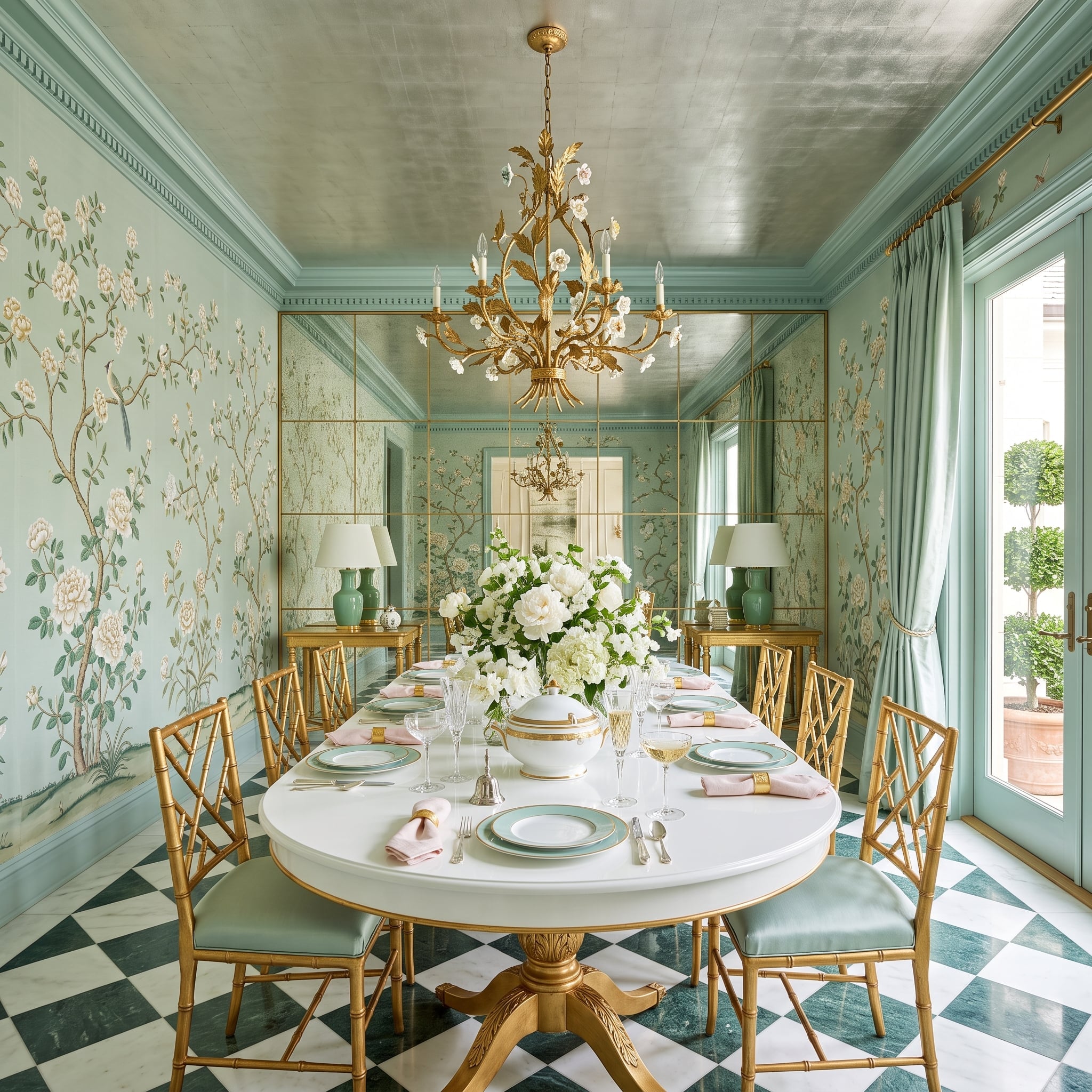 Chinoiserie Walls, Gold Fretwork Chairs, and a Dining Room That Never Apologizes for Being Pretty