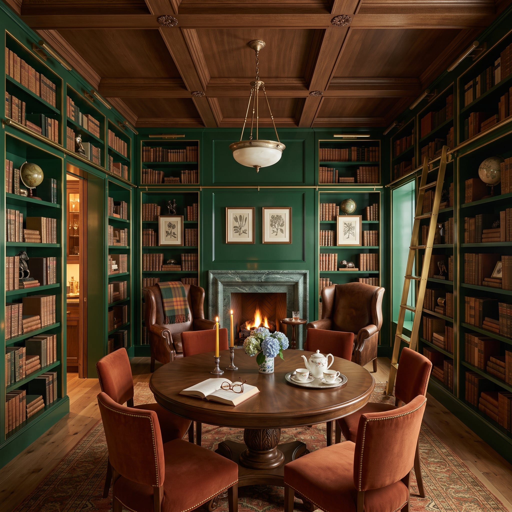 Dark Green Walls, Leather Wingbacks, and a Library Dining Room That Reads Like a Novel