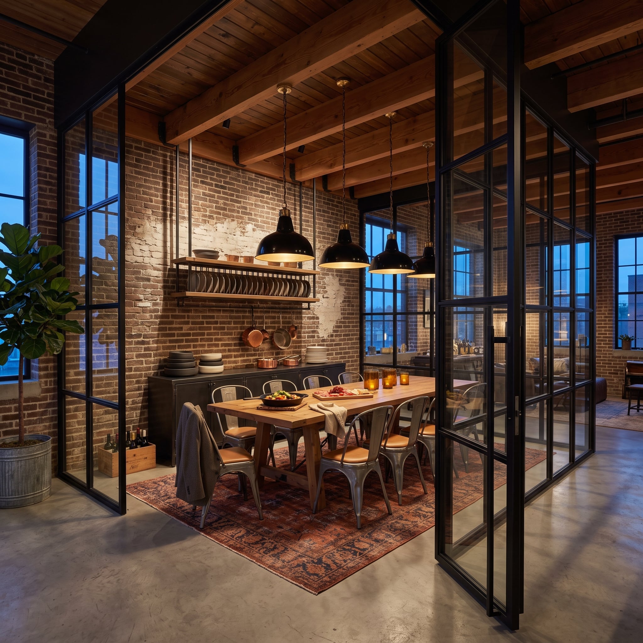 Exposed Brick, Steel-Frame Glass, and a Dining Room That Knows How to Separate Itself