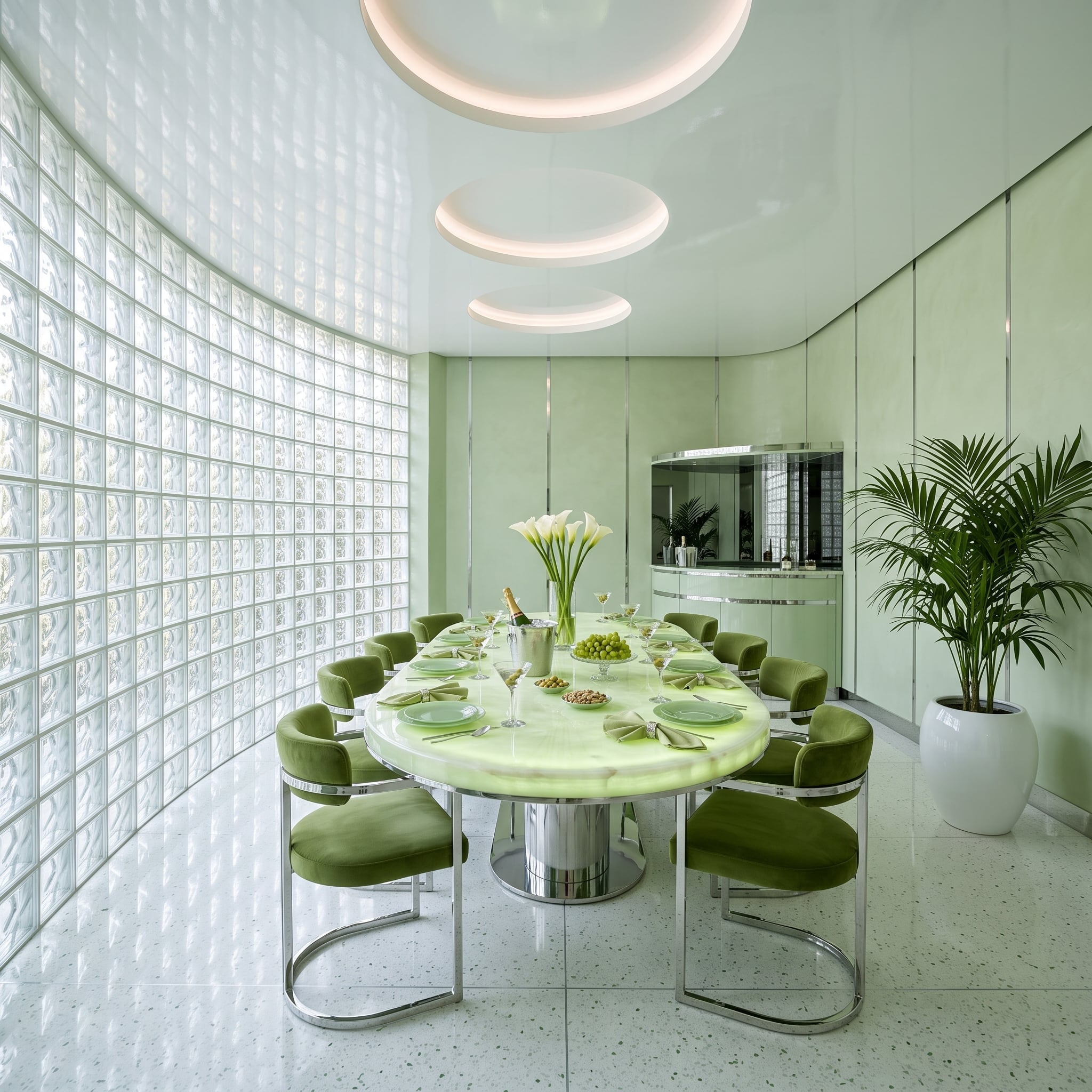 Glass Bricks, Green Onyx, and a Dining Room That Glows From Every Angle