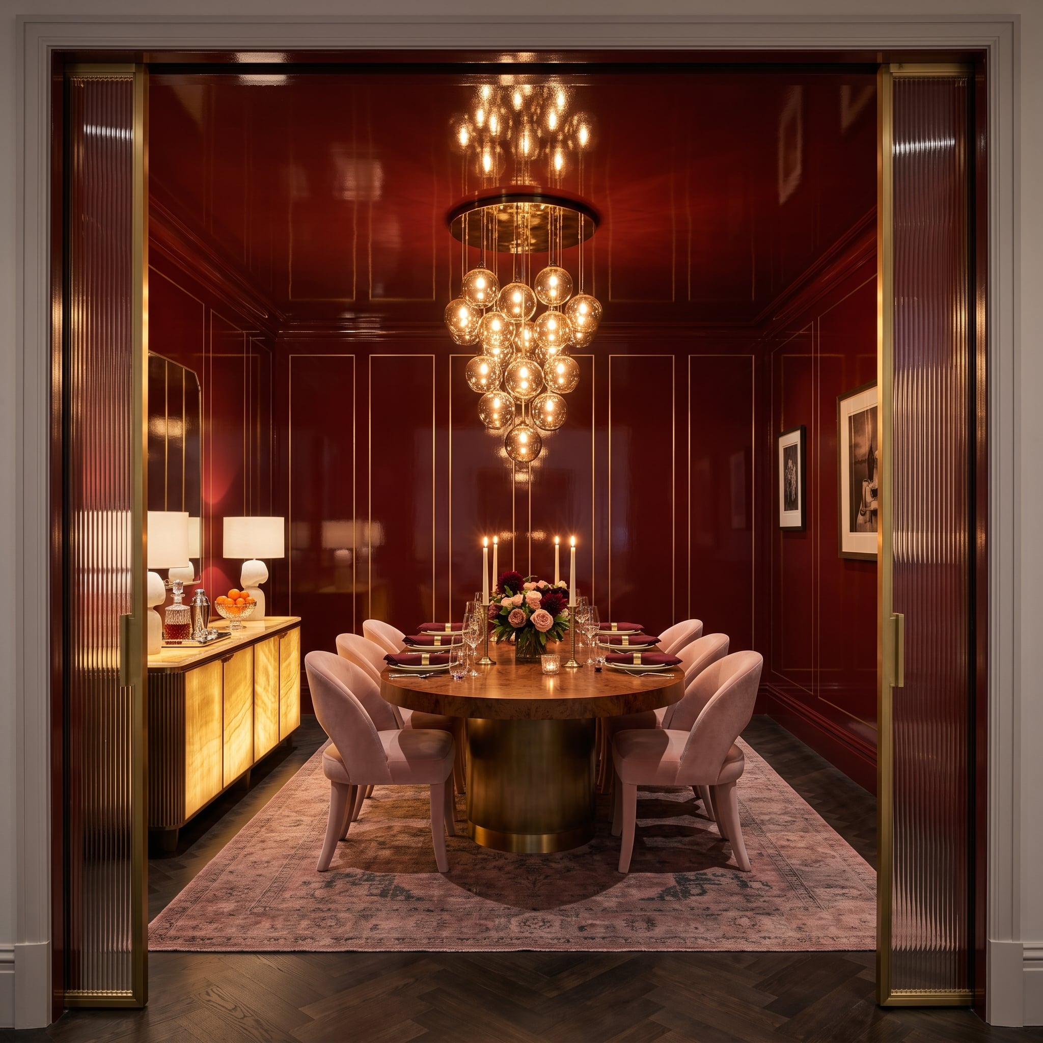 Lacquered Crimson, Globe Pendants, and a Dining Room That Committed to Drama Floor to Ceiling