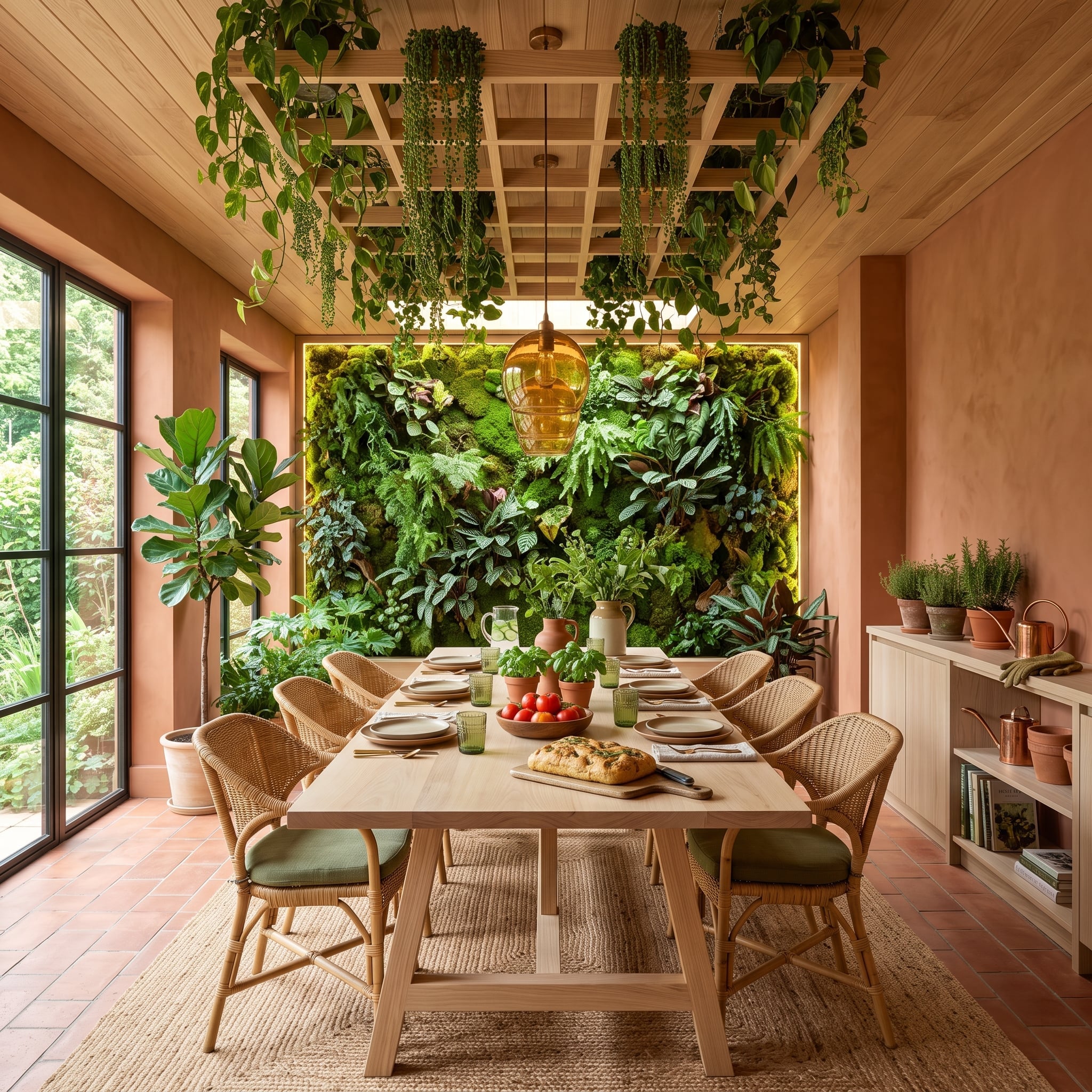 Living Wall, Terracotta Floor, and a Dining Room That Brings the Garden Inside