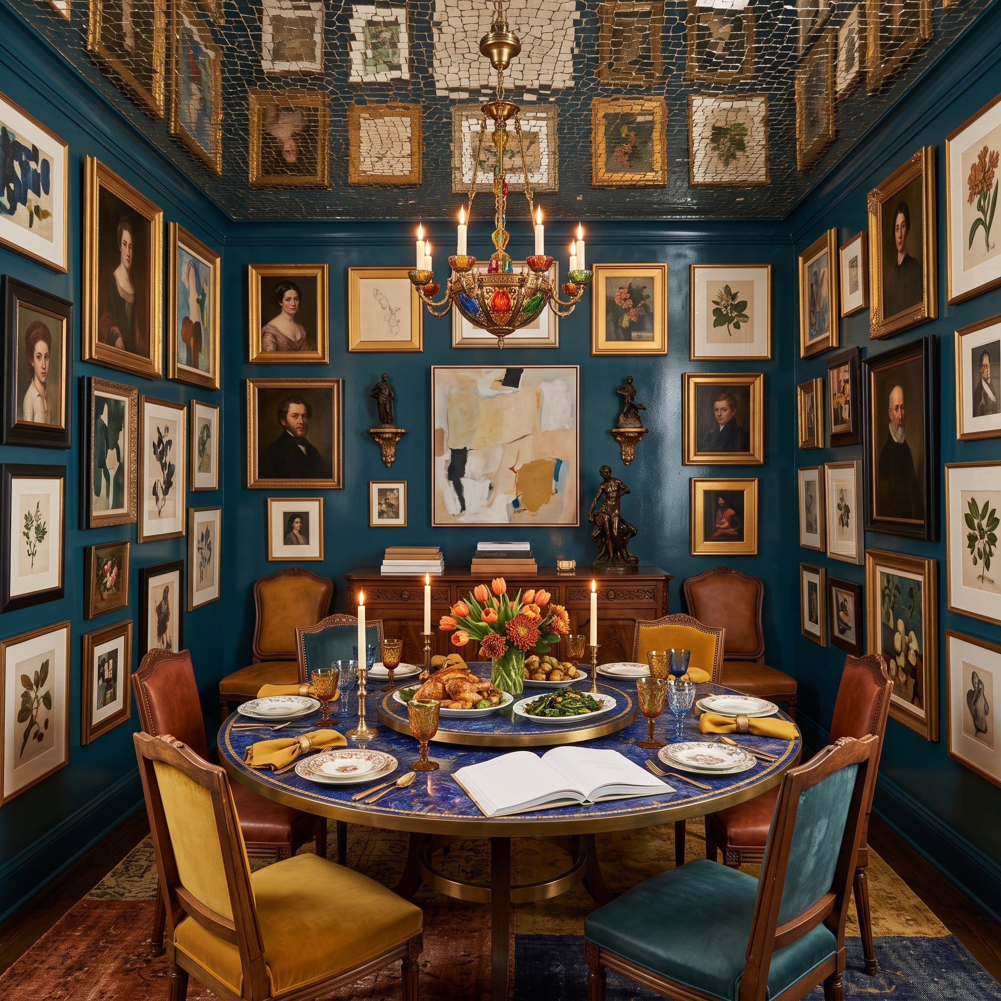 Portraits, Candlelight, and a Lapis Table That Demands a Dinner Party