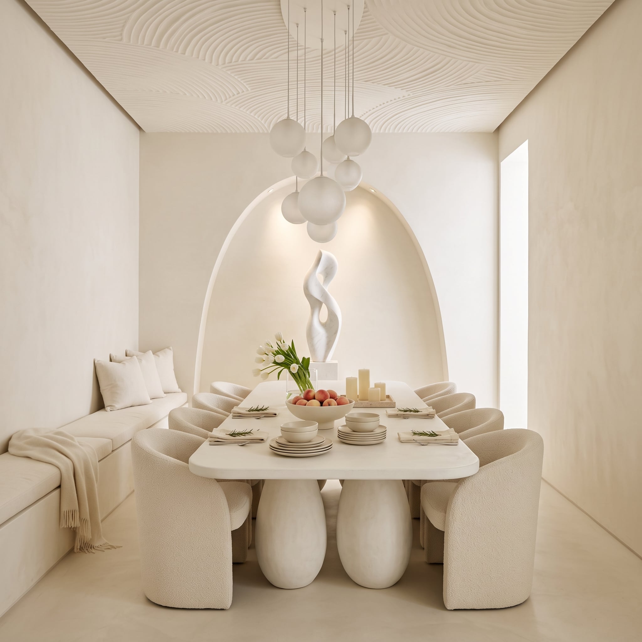 Sculpted Pedestals, Bouclé Chairs, and a Dining Room That Chose Soft Over Everything