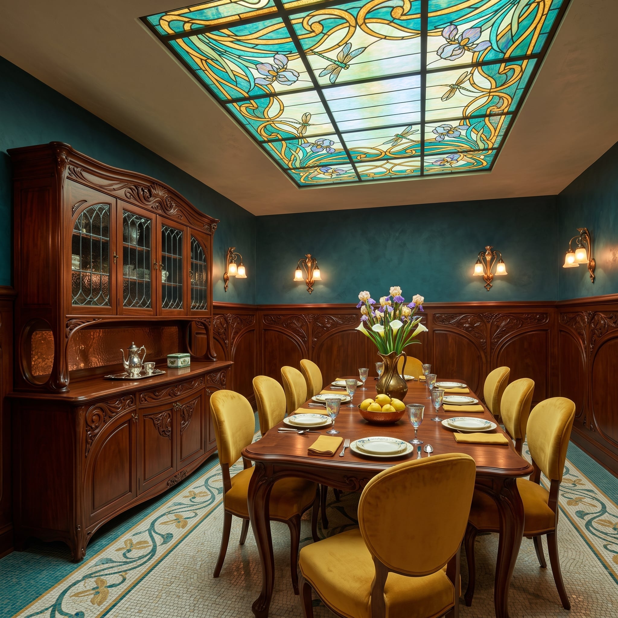 Stained Glass Overhead, Carved Mahogany Below, and a Dining Room That Earned Every Detail