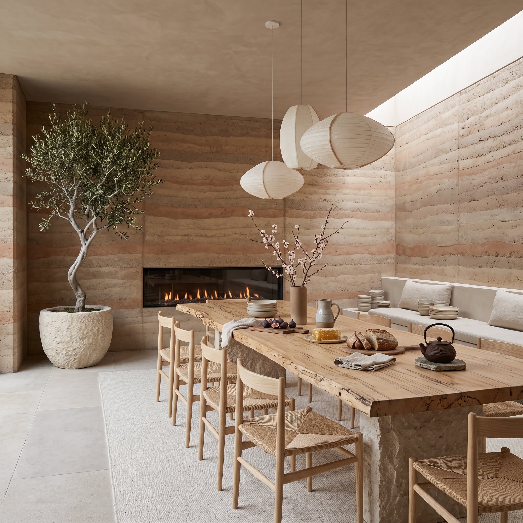Travertine Walls, a Live-Edge Table, and Paper Lanterns That Know How to Share Space