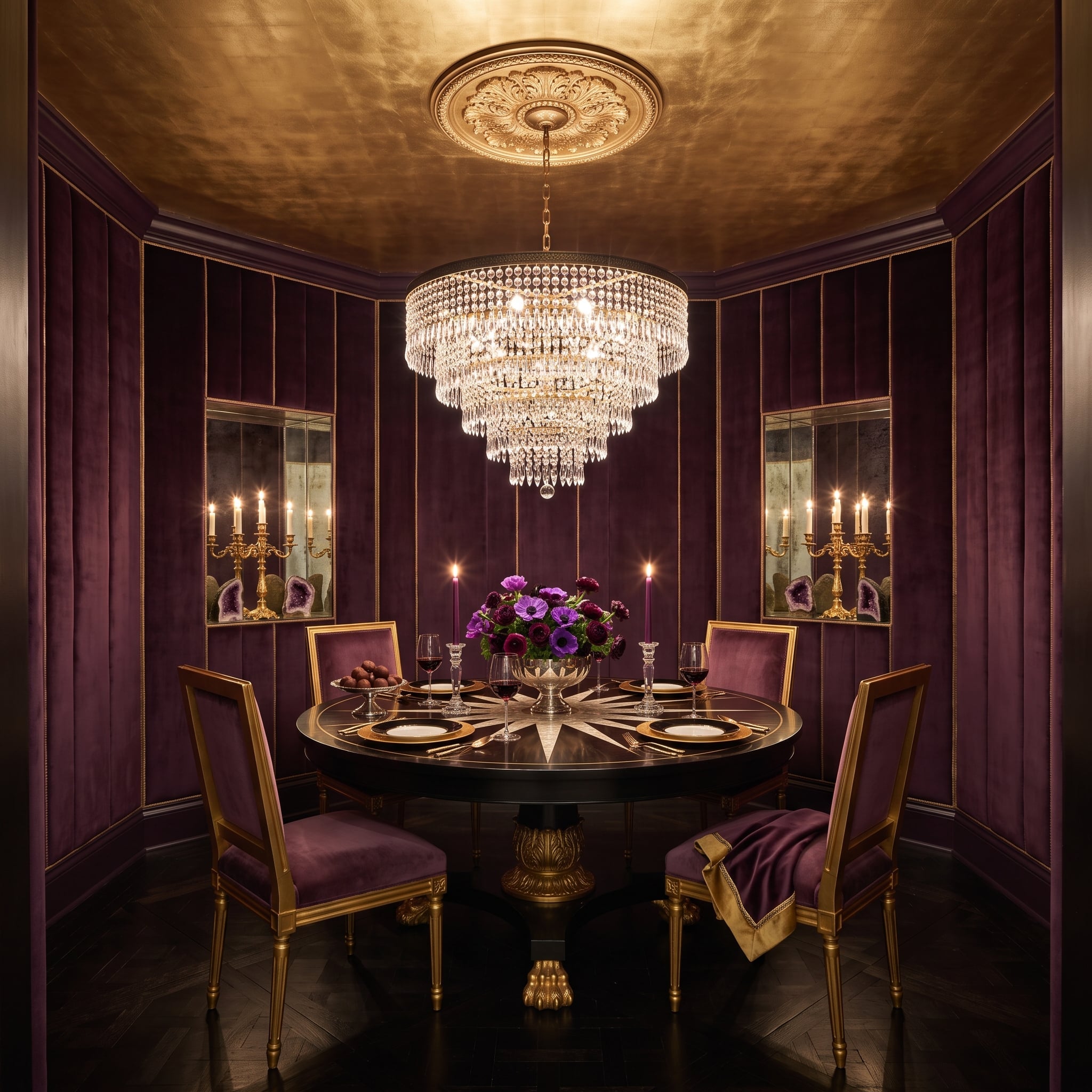 Velvet Walls, Crystal Overhead, and a Dining Room That Declared Purple Its Whole Identity