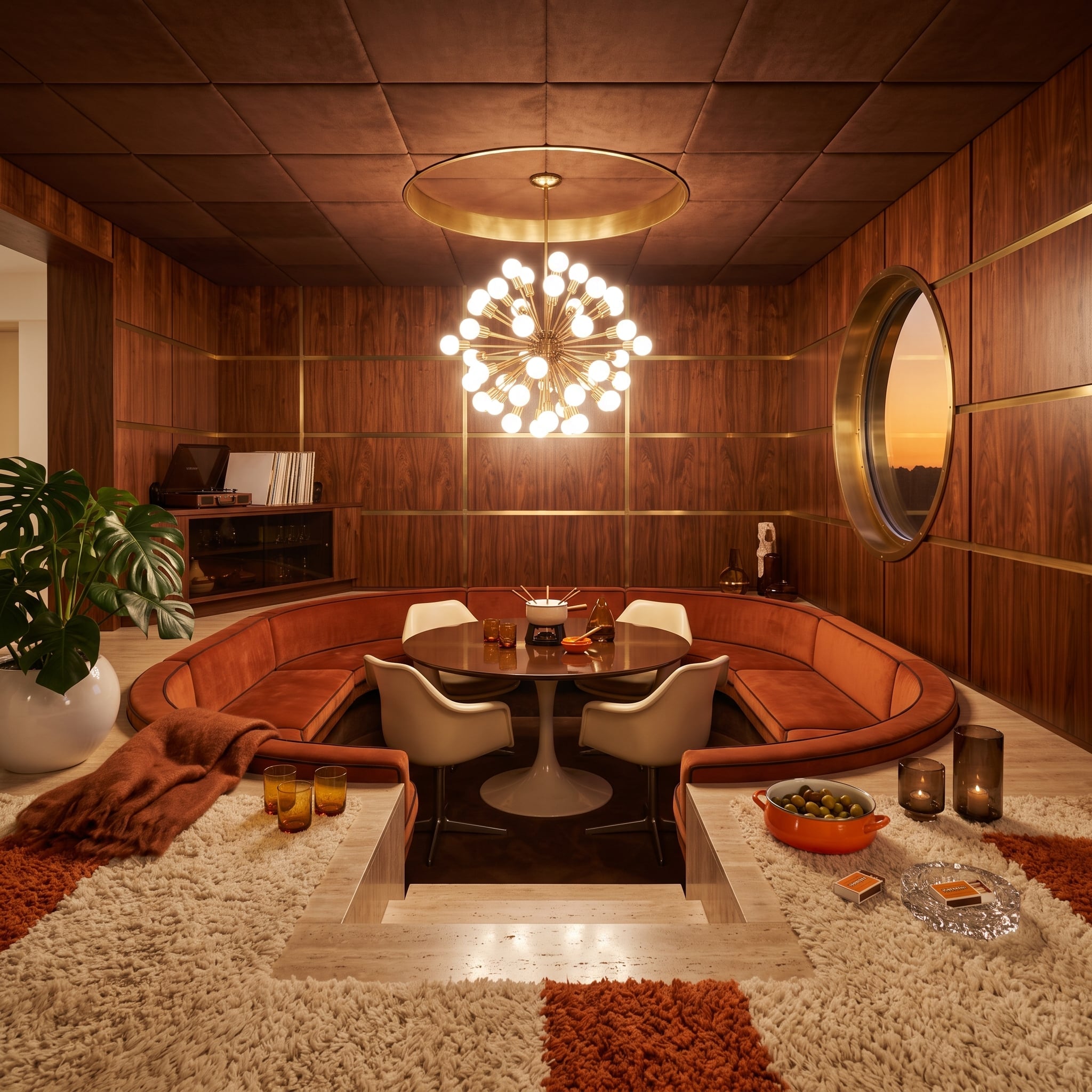 Walnut Panels, a Sputnik Chandelier, and a Conversation Pit That Never Stopped Being Relevant