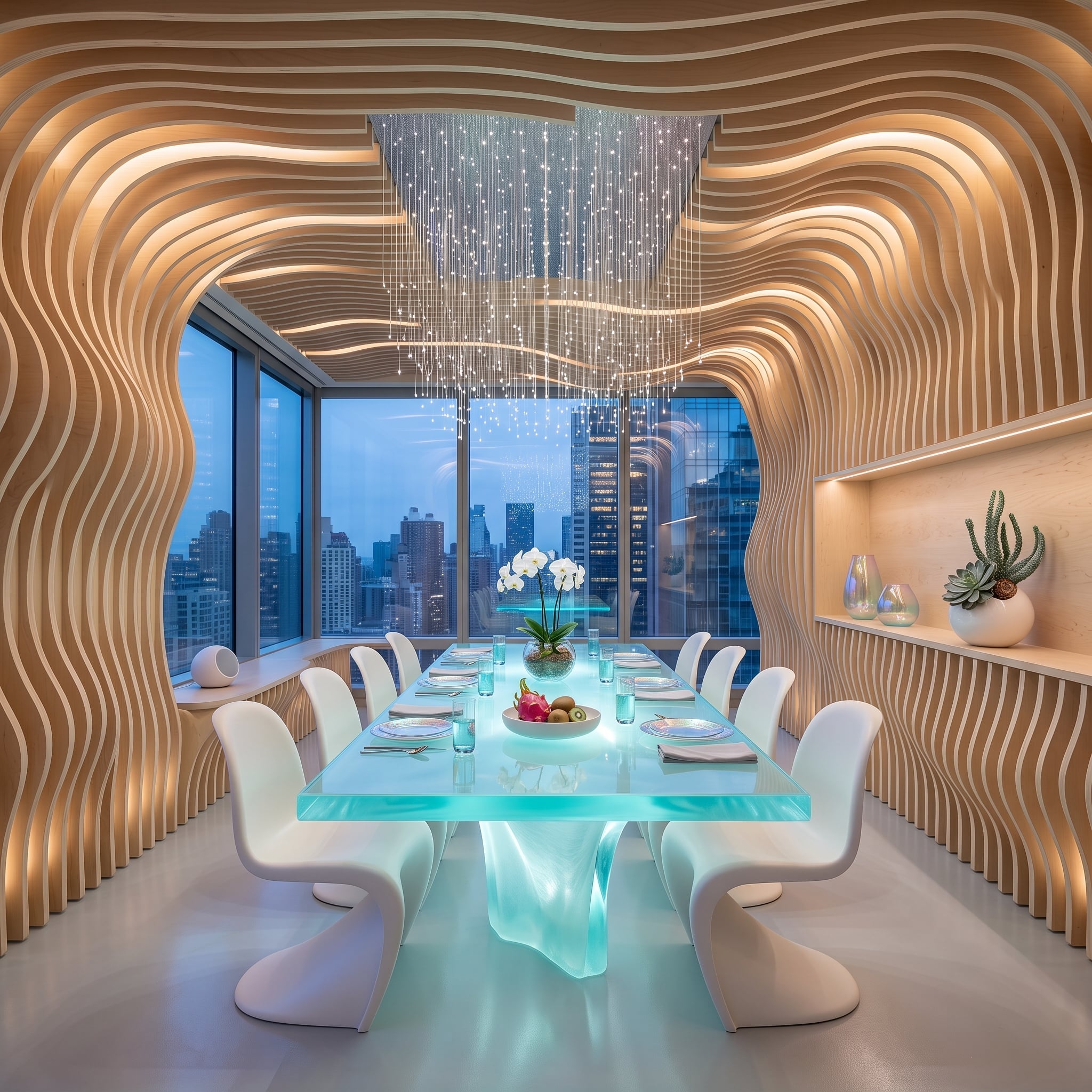 Wavy Wood Walls, a Glowing Glass Table, and Dinner Forty Floors Up