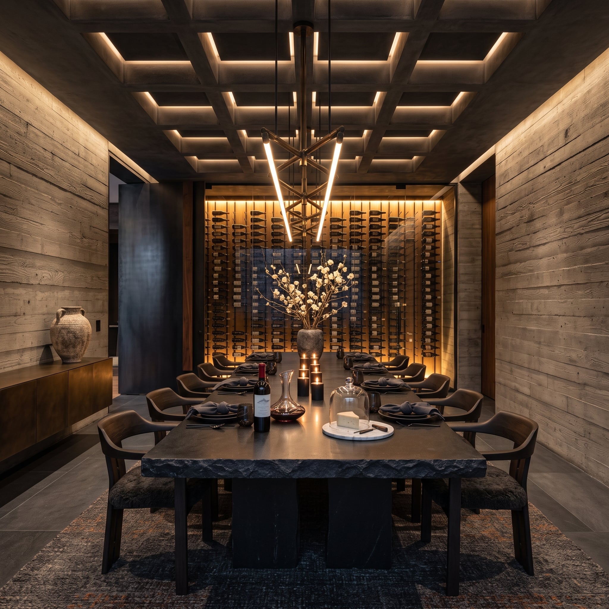 Wine Wall Behind Glass, Reclaimed Planks, and a Dining Room That Means Business