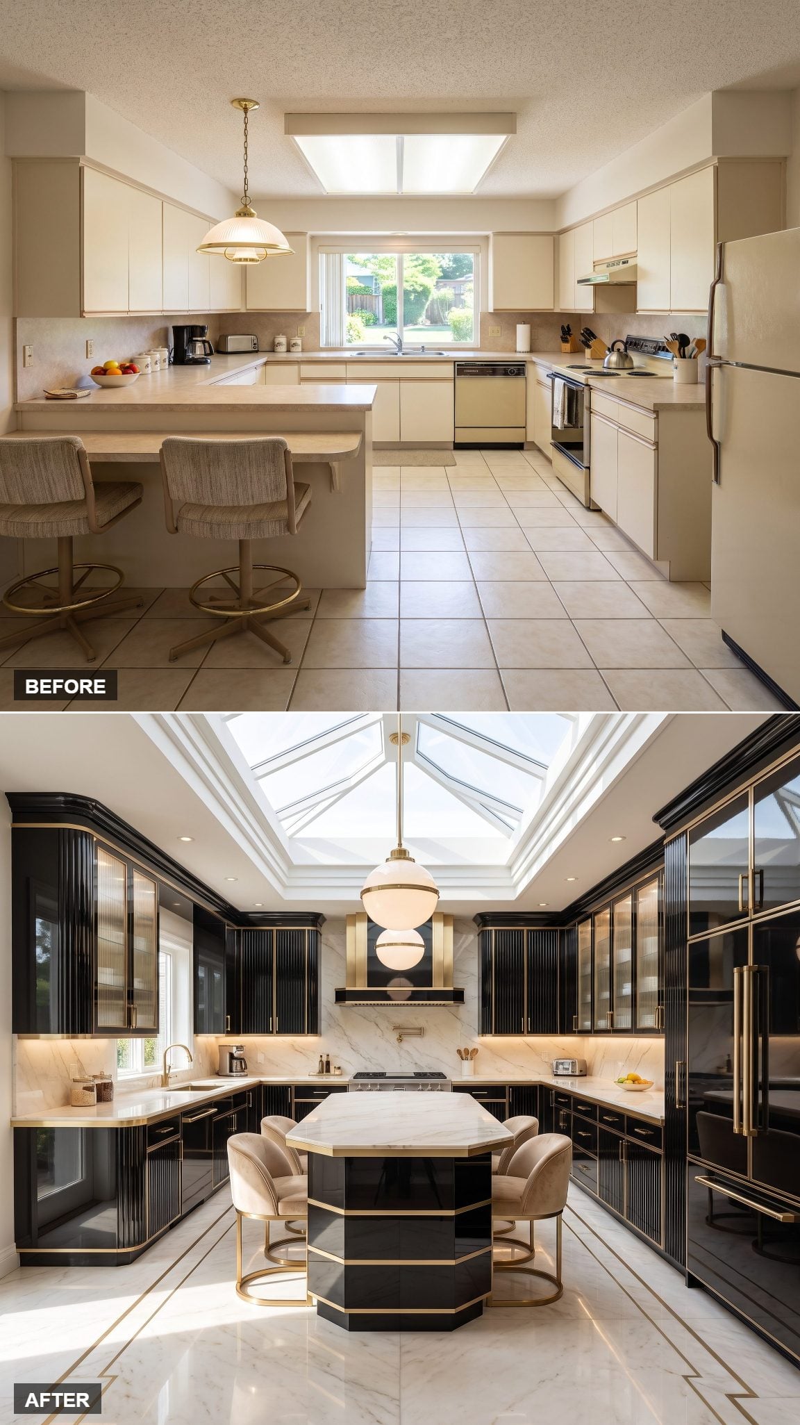 Art Deco black kitchen with champagne brass detailing