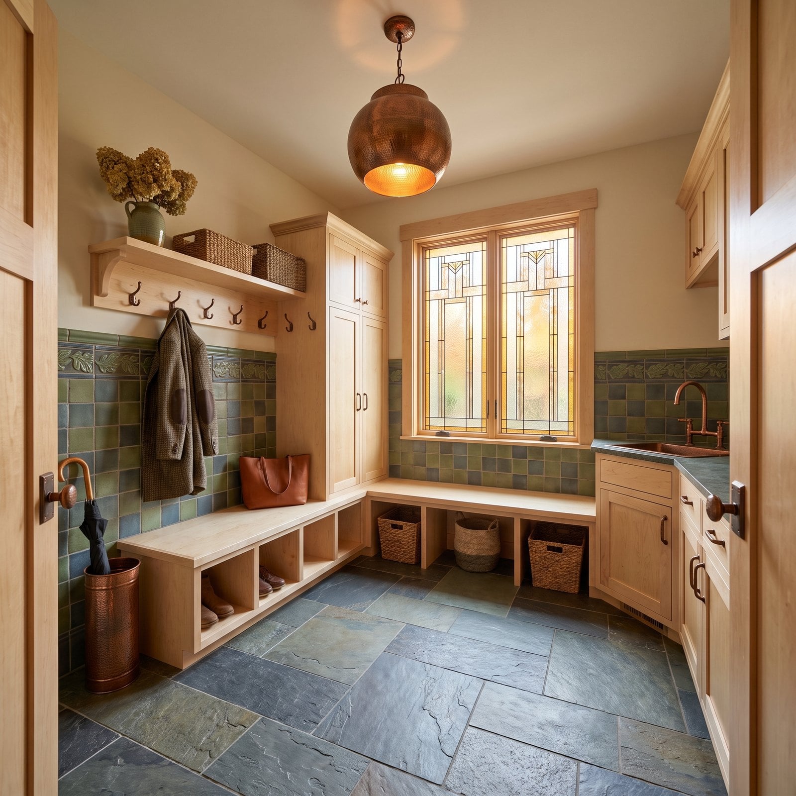 Arts and Crafts Tile, Birch Woodwork and a Copper Umbrella Stand