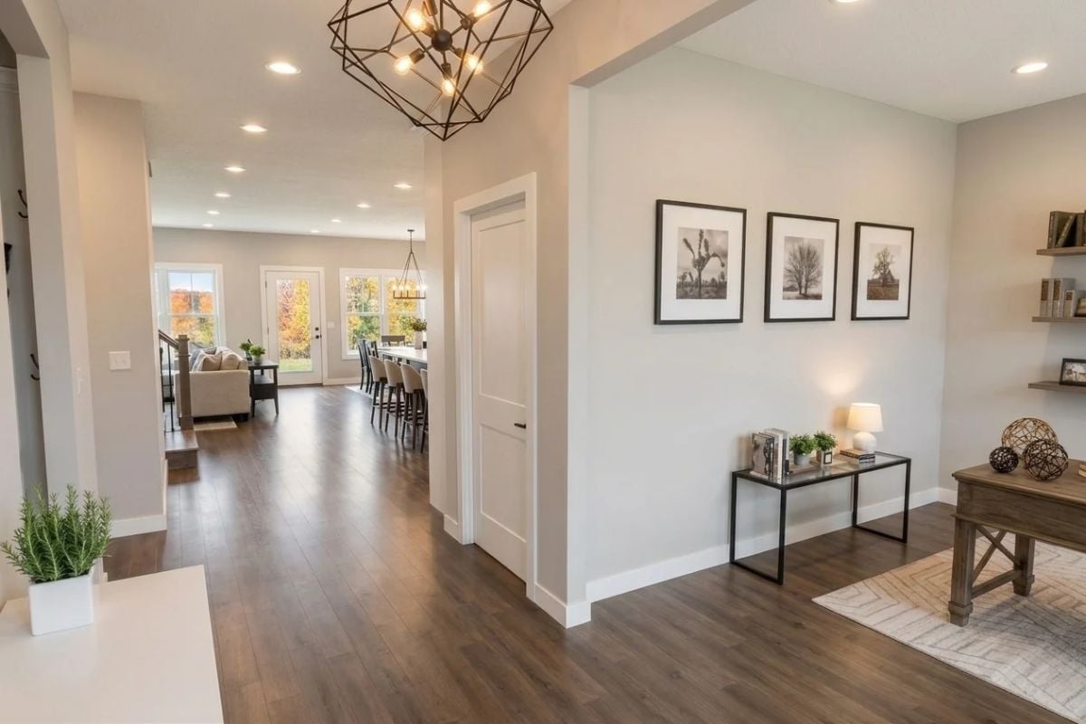 Geometric Chandelier, Dark Hardwood, and a Hallway That Pulls You In