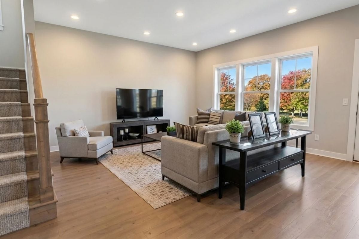 Recessed Lights, a Black Coffee Table, and Fall Trees Doing Most of the Work