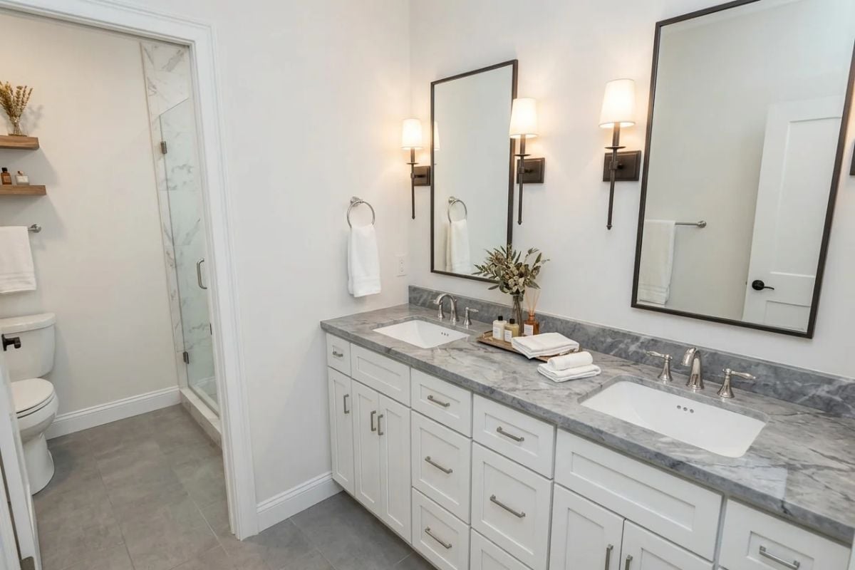 Double Vanity With Marble Countertops That Make Morning Routines Worth Waking Up For