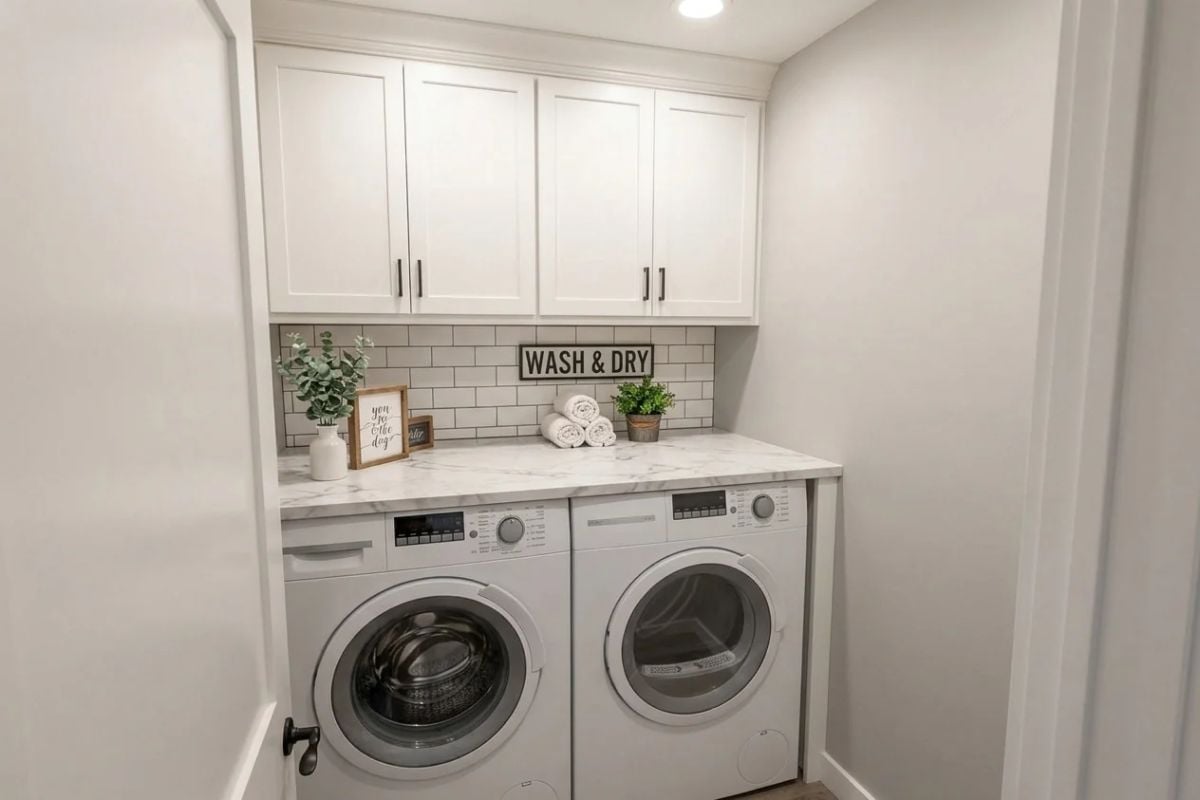 Marble Countertop Over the Machines Turns Laundry Into Less of a Chore