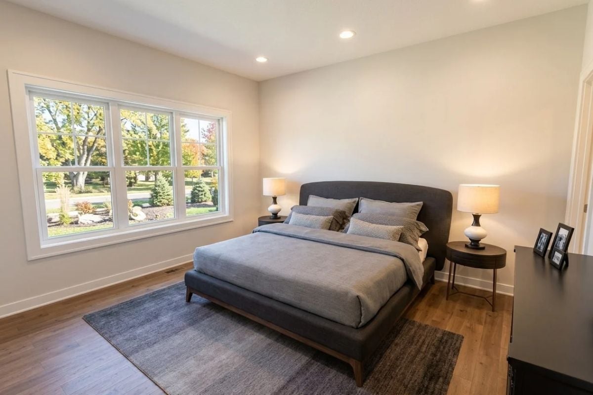 Upholstered Bed Frame and Recessed Lighting Keep This Bedroom Quietly in Control