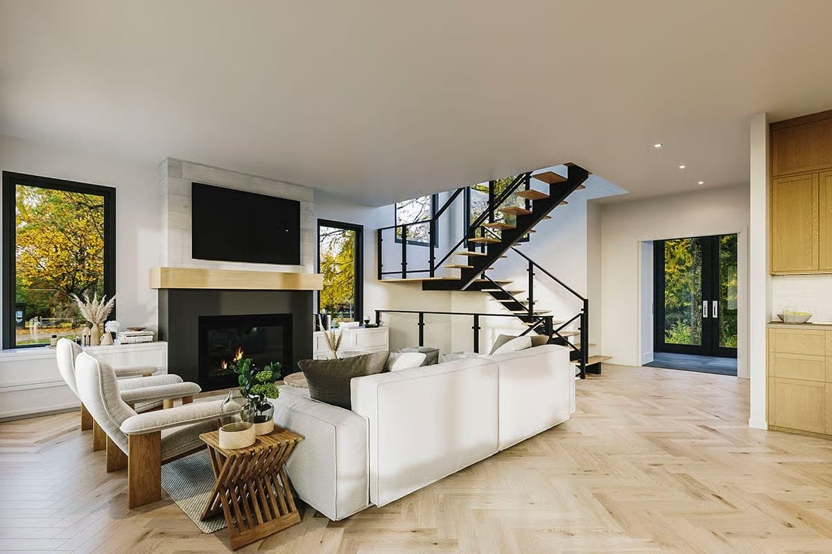 Floating Stairs, Herringbone Oak, and a Fireplace That Earns Its Wall Space